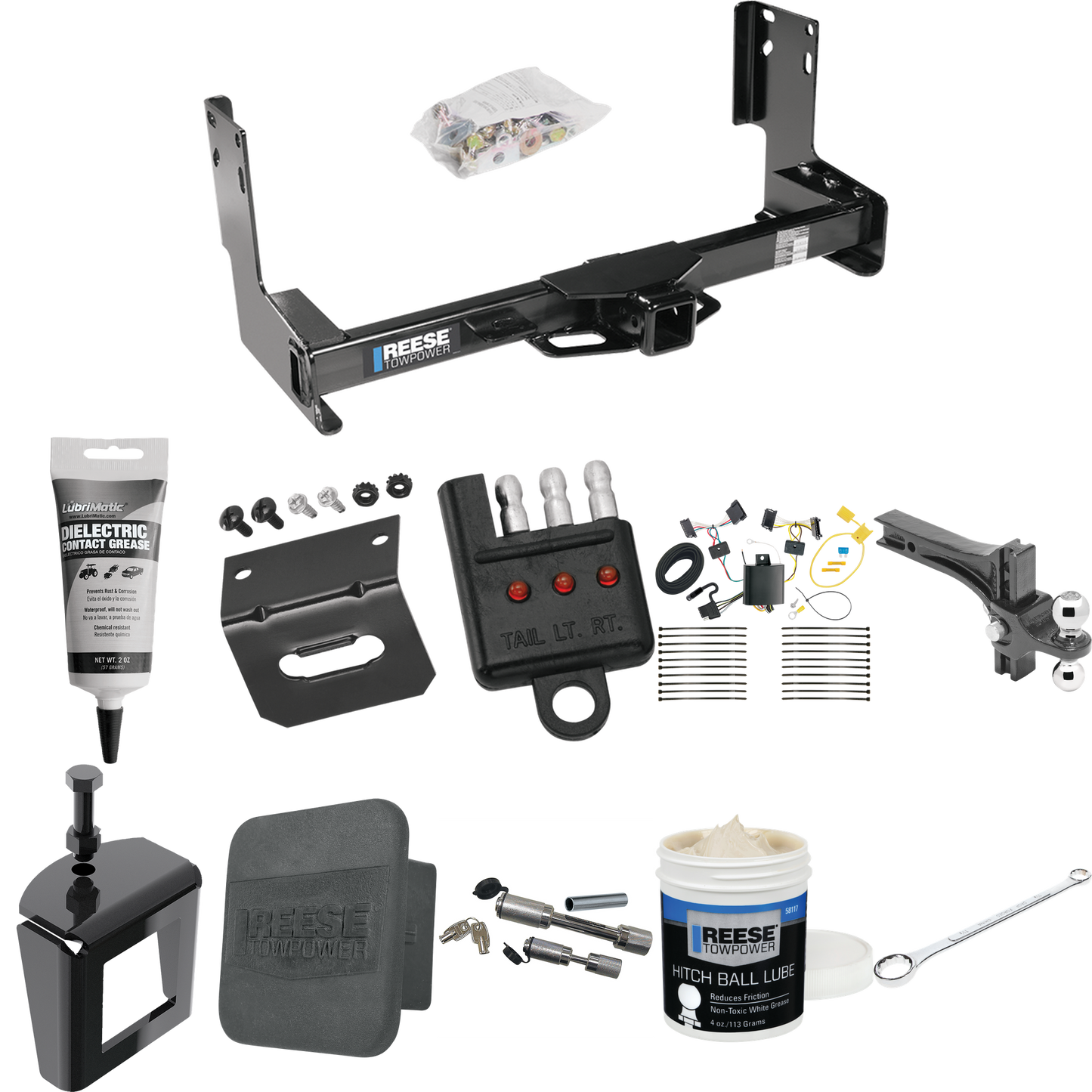 Fits 2007-2013 Freightliner Sprinter 2500 Trailer Hitch Tow PKG w/ 4-Flat Wiring + Dual Adjustable Drop Rise Ball Ball Mount 2" & 2-5/16" Trailer Balls + Wiring Bracket + Hitch Cover + Dual Hitch & Coupler Locks + Wiring Tester + Ball Lube + Electric