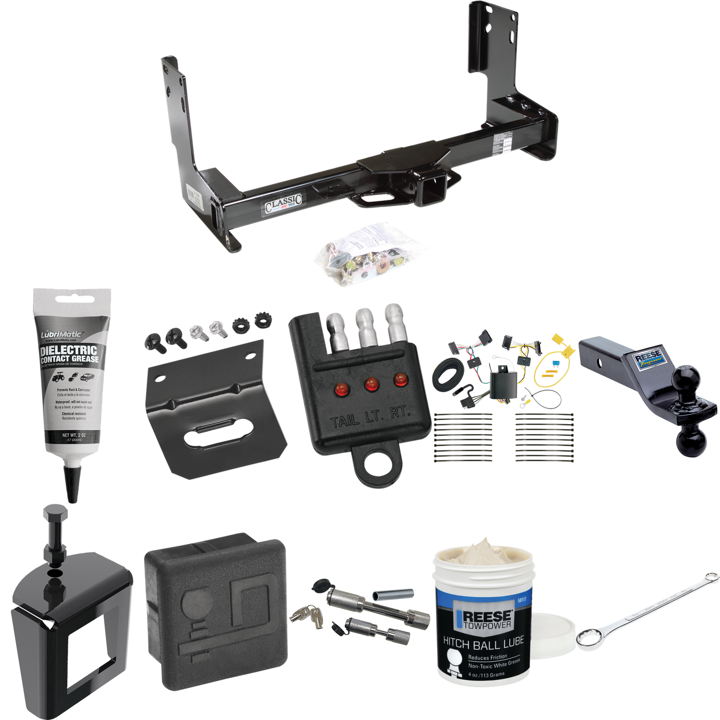 Fits 2007-2009 Dodge Sprinter 2500 Trailer Hitch Tow PKG w/ 4-Flat Wiring + Dual Ball Ball Mount 1-7/8" & 2" Trailer Balls + Wiring Bracket + Hitch Cover + Dual Hitch & Coupler Locks + Wiring Tester + Ball Lube + Electric Grease + Ball Wrench + Anti