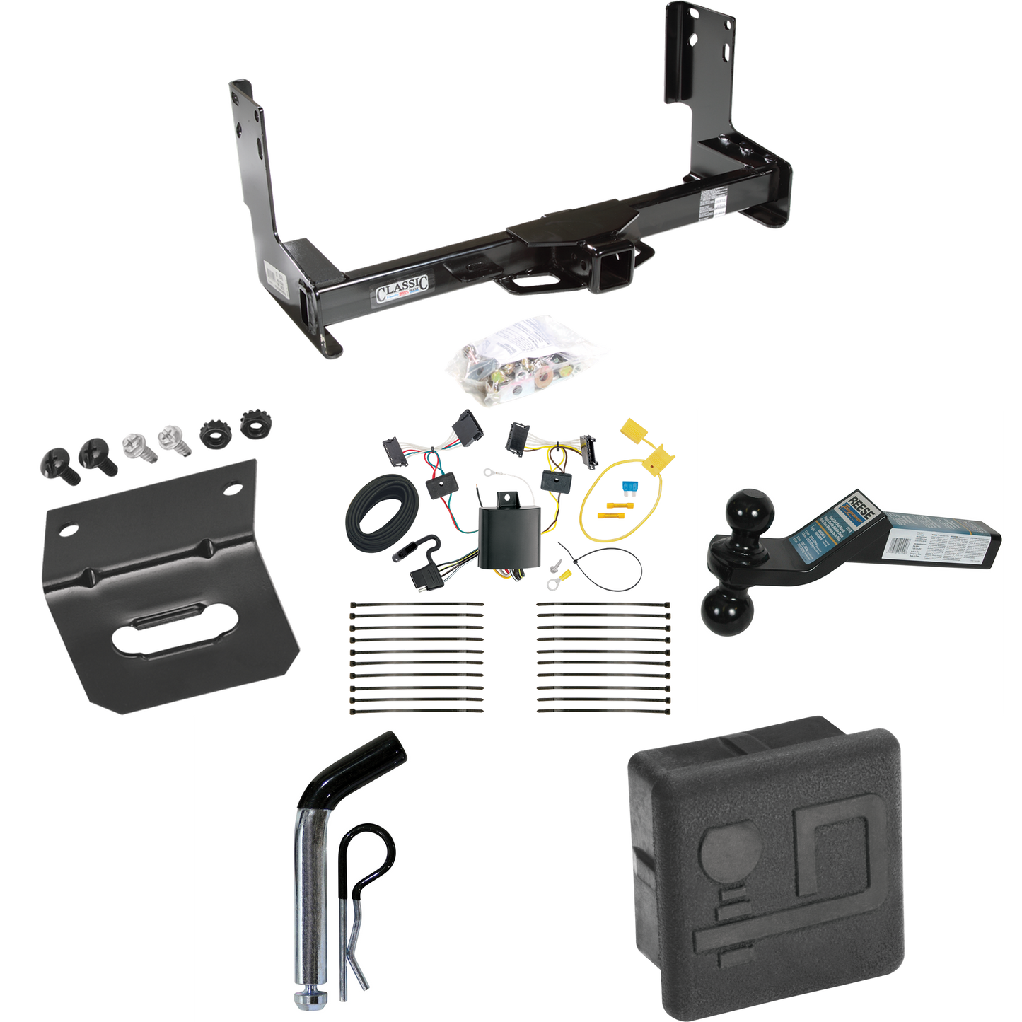 Fits 2007-2013 Mercedes-Benz Sprinter Trailer Hitch Tow PKG w/ 4-Flat Wiring + Dual Ball Ball Mount 2" & 2-5/16" Trailer Balls + Pin/Clip + Wiring Bracket + Hitch Cover (Excludes: w/Factory Step Bumper Models) By Draw-Tite