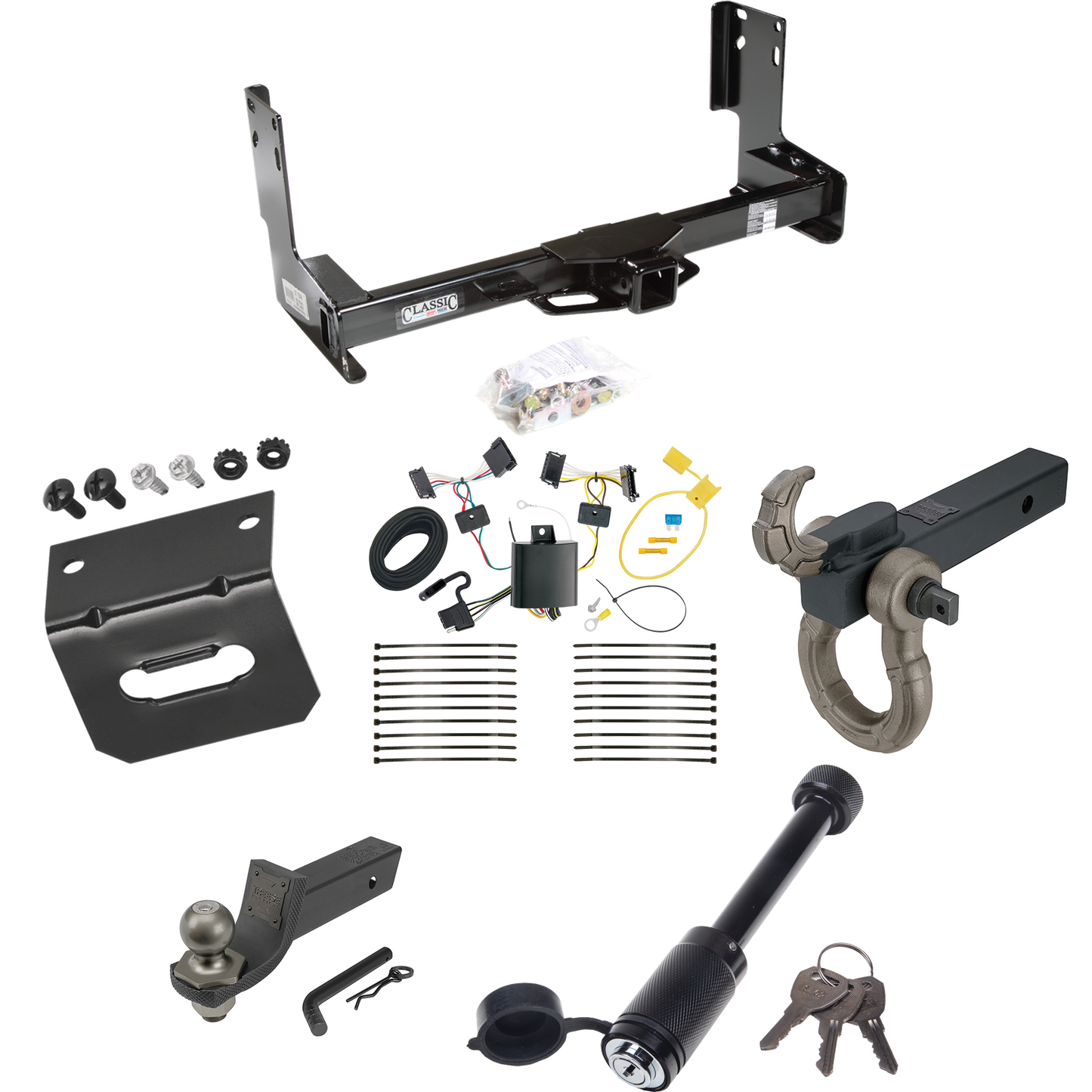 Fits 2007-2013 Mercedes-Benz Sprinter Trailer Hitch Tow PKG w/ 4-Flat Wiring + Interlock Tactical Starter Kit w/ 2" Drop & 2" Ball + Tactical Hook & Shackle Mount + Tactical Dogbone Lock + Wiring Bracket (Excludes: w/Factory Step Bumper Models) By Dr