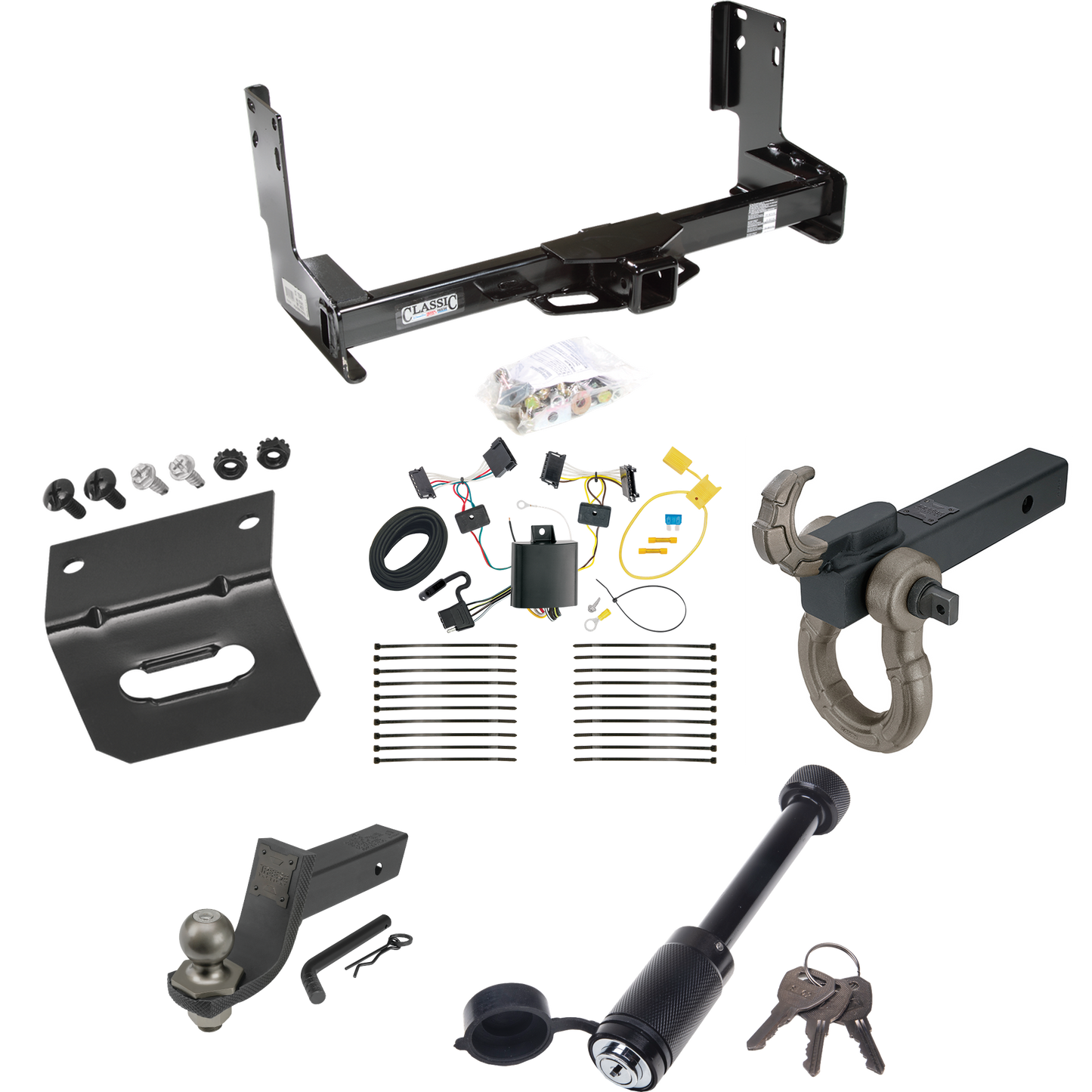 Fits 2007-2009 Dodge Sprinter 3500 Trailer Hitch Tow PKG w/ 4-Flat Wiring + Interlock Tactical Starter Kit w/ 3-1/4" Drop & 2" Ball + Tactical Hook & Shackle Mount + Tactical Dogbone Lock + Wiring Bracket (Excludes: w/Factory Step Bumper Models) By D