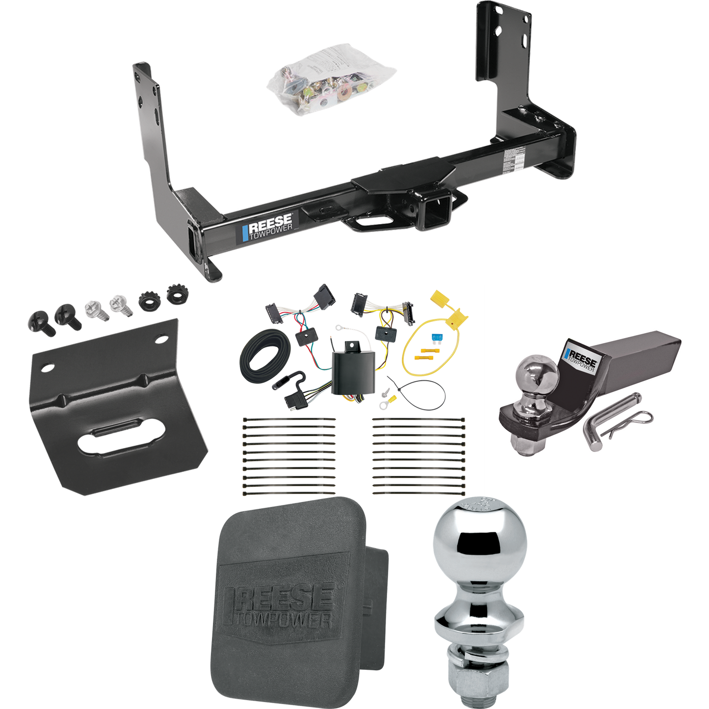 Fits 2007-2009 Dodge Sprinter 2500 Trailer Hitch Tow PKG w/ 4-Flat Wiring + Starter Kit Ball Mount w/ 2" Drop & 2" Ball + 1-7/8" Ball + Wiring Bracket + Hitch Cover (Excludes: w/Factory Step Bumper Models) By Reese Towpower