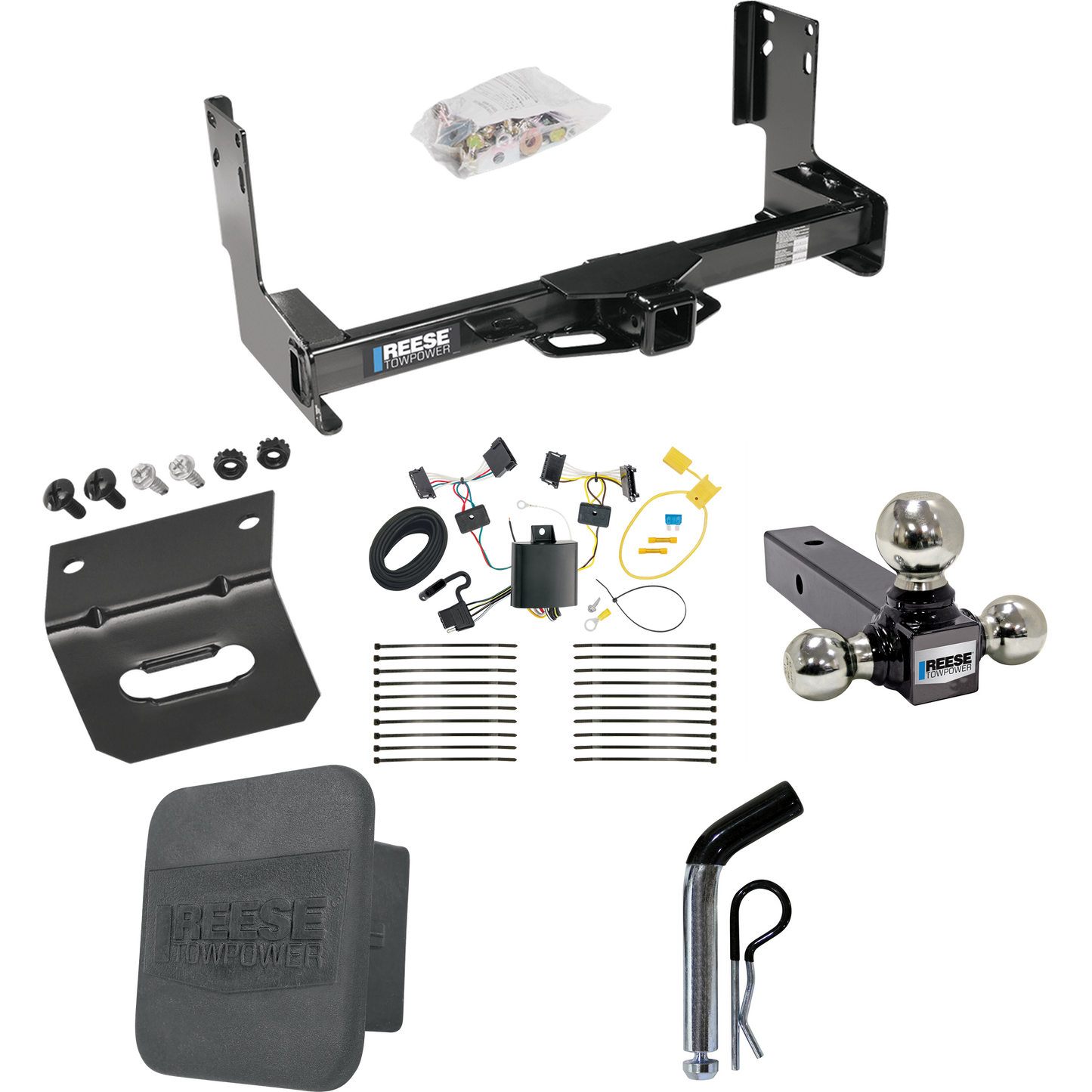 Fits 2007-2009 Dodge Sprinter 2500 Trailer Hitch Tow PKG w/ 4-Flat Wiring + Triple Ball Ball Mount 1-7/8" & 2" & 2-5/16" Trailer Balls + Pin/Clip + Wiring Bracket + Hitch Cover (Excludes: w/Factory Step Bumper Models) By Reese Towpower