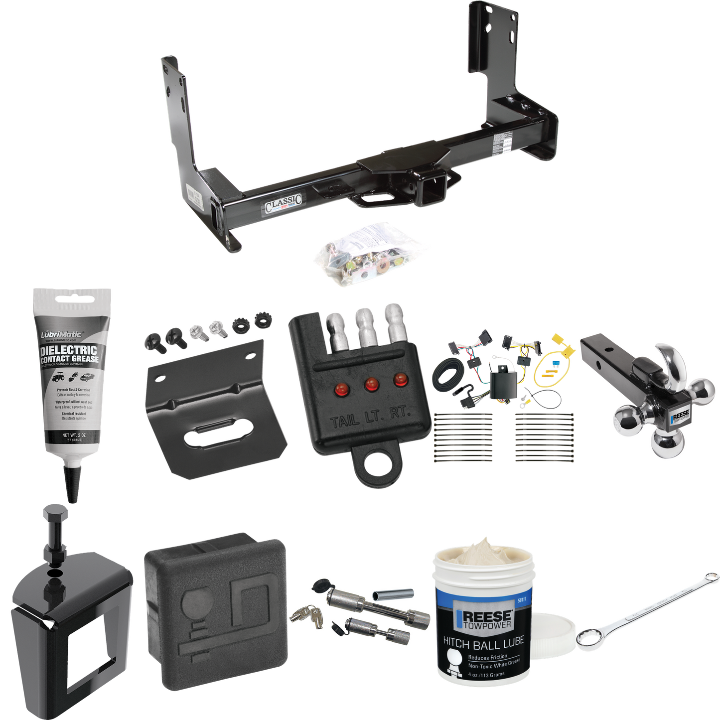 Fits 2007-2013 Mercedes-Benz Sprinter Trailer Hitch Tow PKG w/ 4-Flat Wiring + Triple Ball Ball Mount 1-7/8" & 2" & 2-5/16" Trailer Balls w/ Tow Hook + Wiring Bracket + Hitch Cover + Dual Hitch & Coupler Locks + Wiring Tester + Ball Lube + Electric G