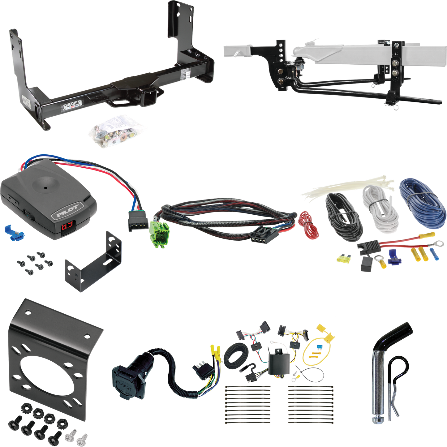 Fits 2007-2013 Freightliner Sprinter 2500 Trailer Hitch Tow PKG w/ 8K Round Bar Weight Distribution Hitch w/ 2-5/16" Ball + Pin/Clip + Pro Series Pilot Brake Control + Plug & Play BC Adapter + 7-Way RV Wiring (Excludes: w/Factory Step Bumper Models)