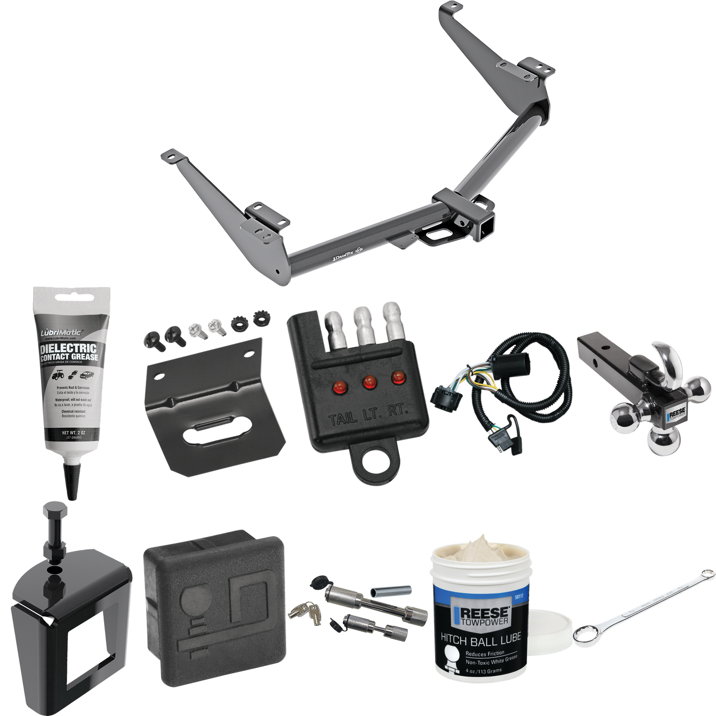 Fits 2017-2023 Nissan Titan Trailer Hitch Tow PKG w/ 4-Flat Wiring + Triple Ball Ball Mount 1-7/8" & 2" & 2-5/16" Trailer Balls w/ Tow Hook + Wiring Bracket + Hitch Cover + Dual Hitch & Coupler Locks + Wiring Tester + Ball Lube + Electric Grease + Ba