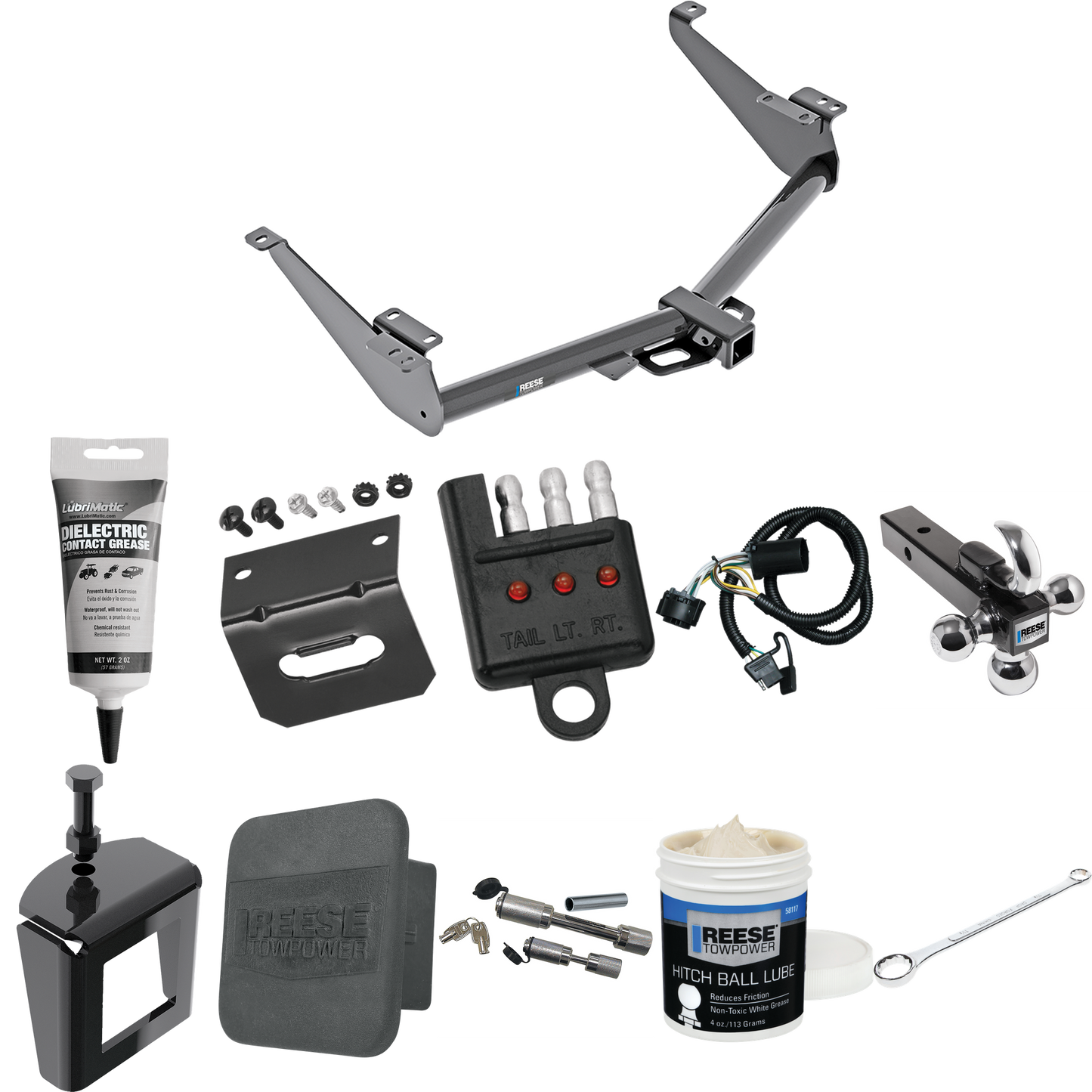 Fits 2017-2023 Nissan Titan Trailer Hitch Tow PKG w/ 4-Flat Wiring + Triple Ball Ball Mount 1-7/8" & 2" & 2-5/16" Trailer Balls w/ Tow Hook + Wiring Bracket + Hitch Cover + Dual Hitch & Coupler Locks + Wiring Tester + Ball Lube + Electric Grease + Ba