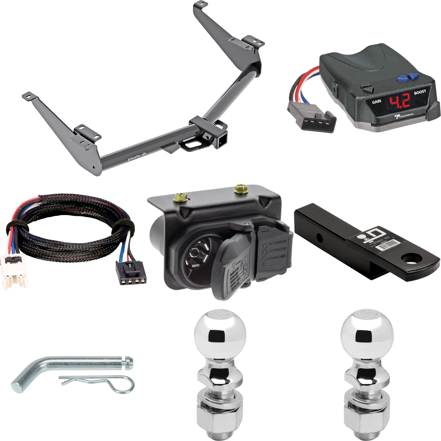 Fits 2017-2024 Nissan Titan Trailer Hitch Tow PKG w/ Tekonsha BRAKE-EVN Brake Control + Plug & Play BC Adapter + 7-Way RV Wiring + 2" & 2-5/16" Ball & Drop Mount (For w/Factory 7-Way Wiring Except Titan XD Models) By Draw-Tite