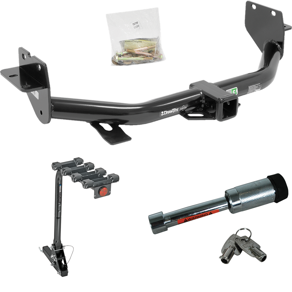 Fits 2013-2018 Hyundai Santa Fe Trailer Hitch Tow PKG w/ 4 Bike Carrier Rack + Hitch Lock (For (6/7 Passenger) Models) By Draw-Tite