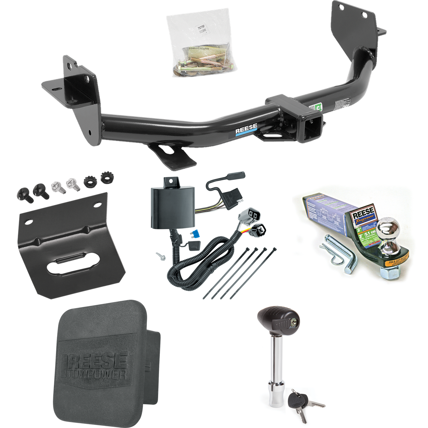 Fits 2013-2018 Hyundai Santa Fe Trailer Hitch Tow PKG w/ 4-Flat Wiring + Starter Kit Ball Mount w/ 2" Drop & 1-7/8" Ball + Wiring Bracket + Hitch Lock + Hitch Cover (For (6/7 Passenger) Models) By Reese Towpower