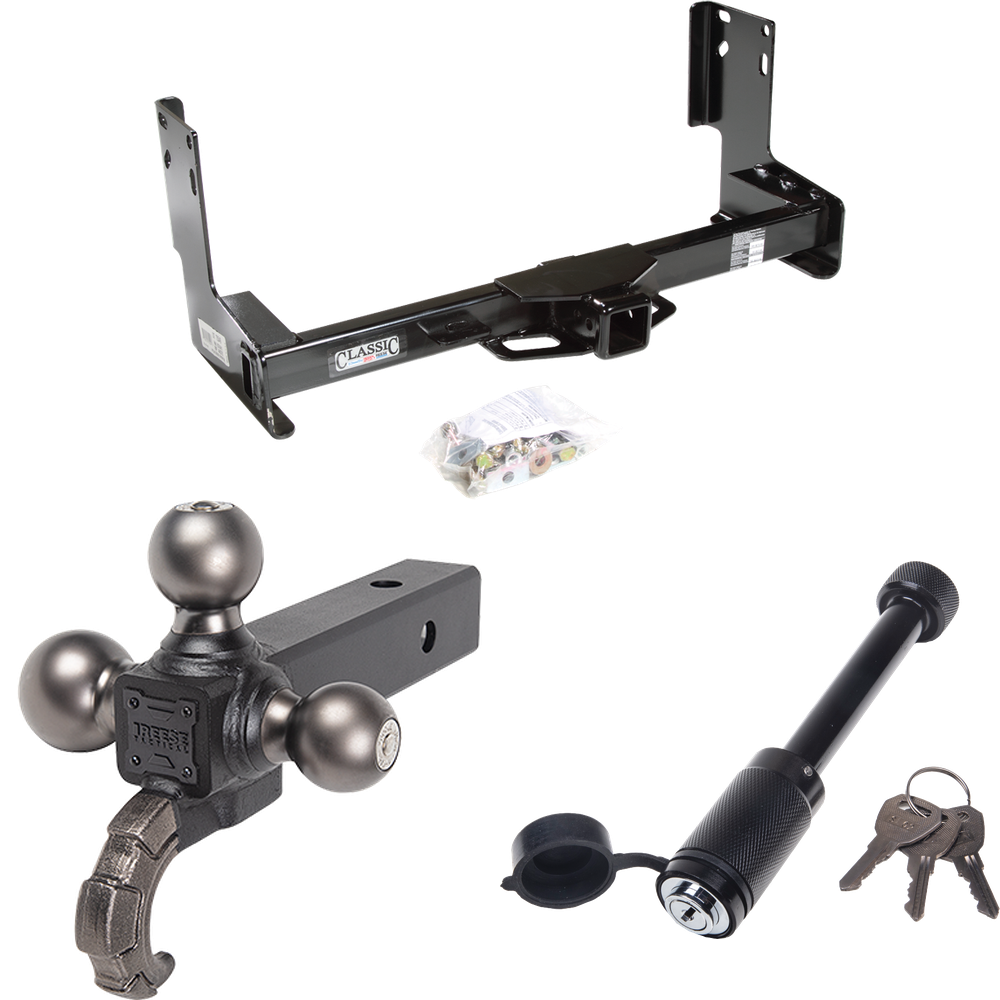 Fits 2007-2013 Mercedes-Benz Sprinter Trailer Hitch Tow PKG + Tactical Triple Ball Ball Mount 1-7/8" & 2" & 2-5/16" Balls & Tow Hook + Tactical Dogbone Lock (Excludes: w/Factory Step Bumper Models) By Draw-Tite