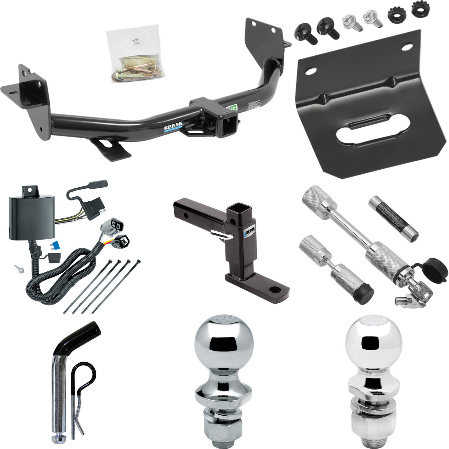 Fits 2013-2018 Hyundai Santa Fe Trailer Hitch Tow PKG w/ 4-Flat Wiring Harness + Adjustable Drop Rise Ball Mount + Pin/Clip + 2" Ball + 1-7/8" Ball + Dual Hitch & Coupler Locks (For (6/7 Passenger) Models) By Reese Towpower