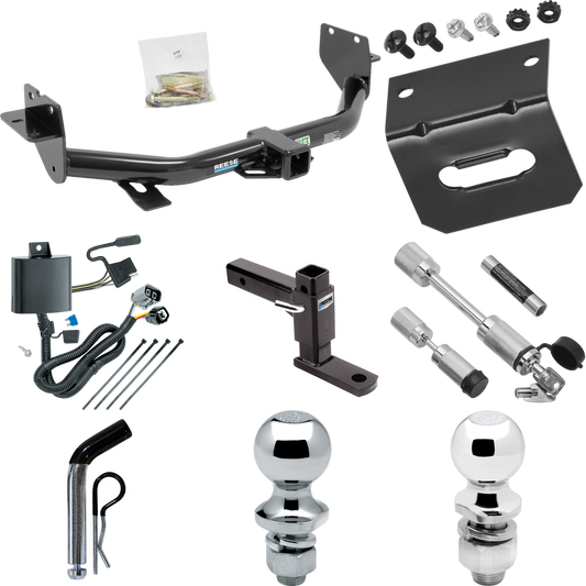 Fits 2013-2018 Hyundai Santa Fe Trailer Hitch Tow PKG w/ 4-Flat Wiring Harness + Adjustable Drop Rise Ball Mount + Pin/Clip + 2" Ball + 1-7/8" Ball + Dual Hitch & Coupler Locks (For (6/7 Passenger) Models) By Reese Towpower