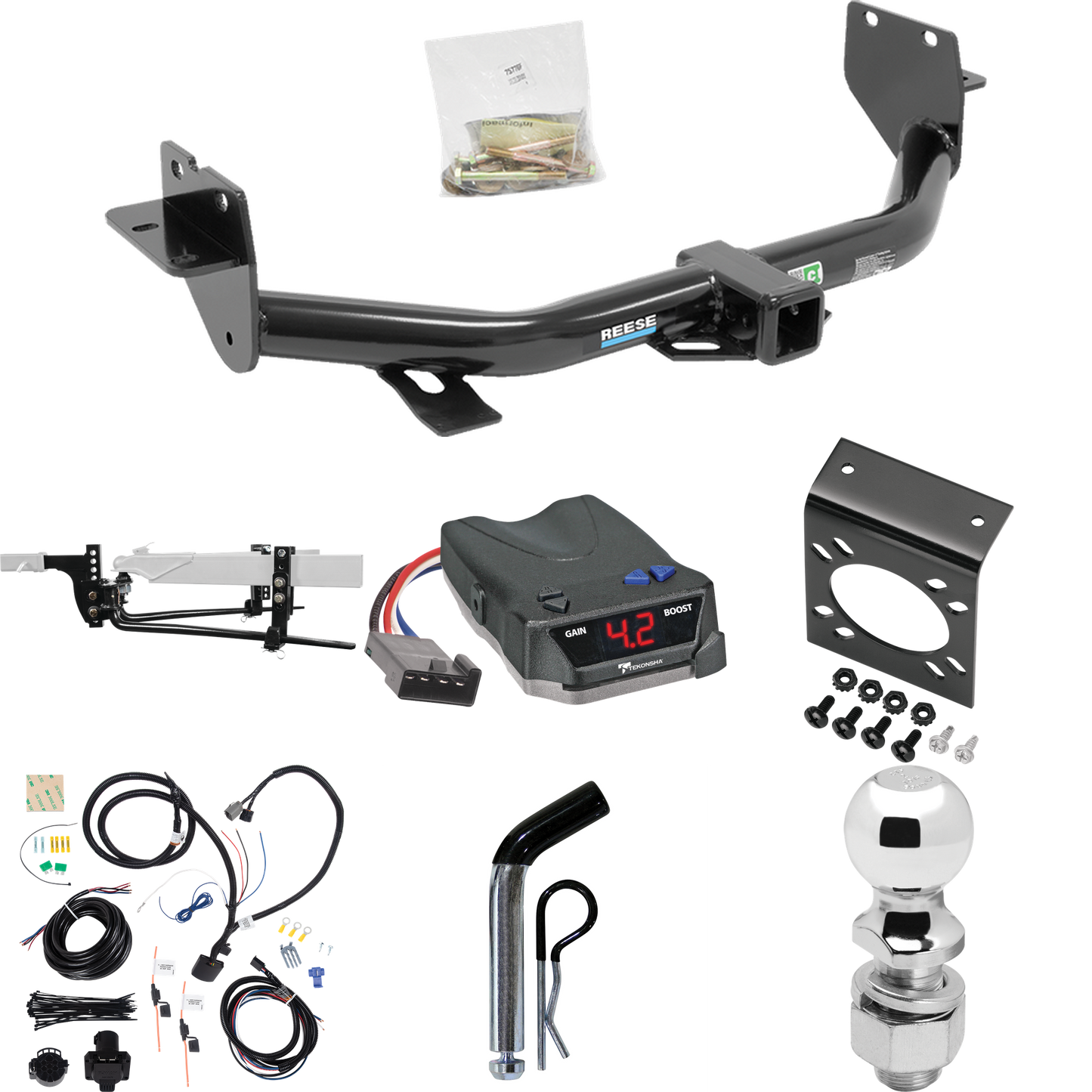 Fits 2013-2018 Hyundai Santa Fe Trailer Hitch Tow PKG w/ 8K Round Bar Weight Distribution Hitch w/ 2-5/16" Ball + 2" Ball + Pin/Clip + Tekonsha BRAKE-EVN Brake Control + 7-Way RV Wiring (For (6/7 Passenger) Models) By Reese Towpower