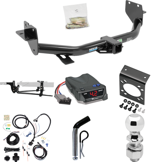 Fits 2013-2018 Hyundai Santa Fe Trailer Hitch Tow PKG w/ 8K Round Bar Weight Distribution Hitch w/ 2-5/16" Ball + 2" Ball + Pin/Clip + Tekonsha BRAKE-EVN Brake Control + 7-Way RV Wiring (For (6/7 Passenger) Models) By Reese Towpower