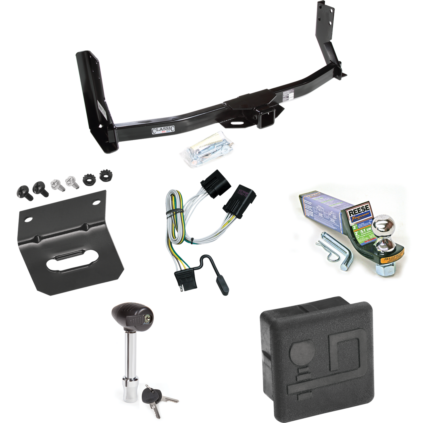 Fits 2003-2006 Dodge Sprinter 3500 Trailer Hitch Tow PKG w/ 4-Flat Wiring + Starter Kit Ball Mount w/ 2" Drop & 1-7/8" Ball + Wiring Bracket + Hitch Lock + Hitch Cover (For w/41" Wide Frames, Except 118" Wheelbase & Factory Metal Step Platform Models