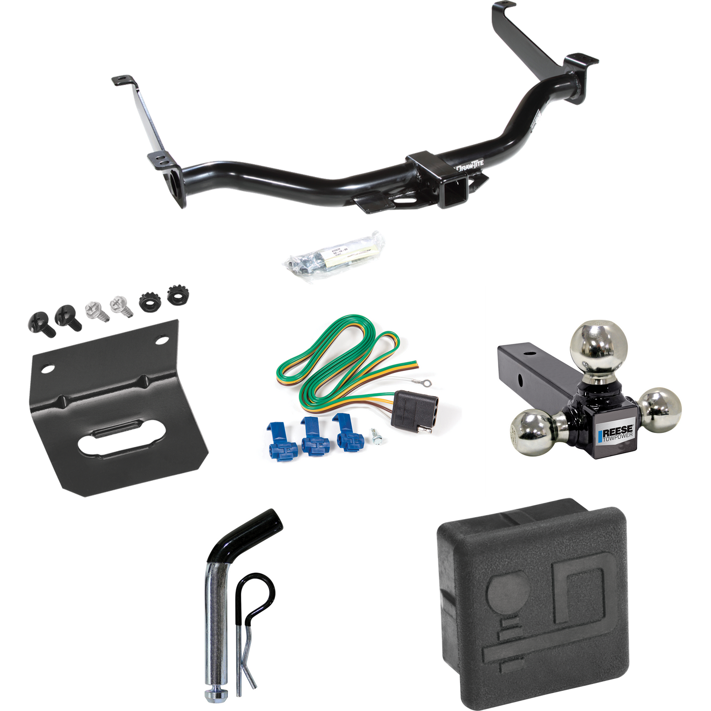 Se adapta al paquete de enganche de remolque Nissan Titan 2004-2015 con 4 cables planos + soporte de bola triple de 1-7/8" y 2" y 2-5/16" + pasador/clip + soporte de cableado + cubierta de enganche dibujar-tite