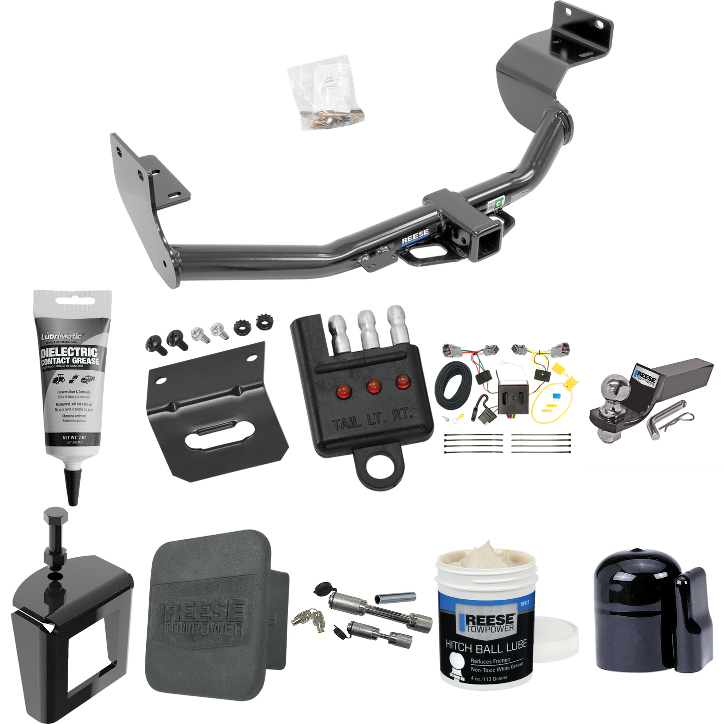 Fits 2013-2018 Hyundai Santa Fe Trailer Hitch Tow PKG w/ 4-Flat Wiring + Starter Kit Ball Mount w/ 2" Drop & 2" Ball + 1-7/8" Ball + Wiring Bracket + Dual Hitch & Coupler Locks + Hitch Cover + Wiring Tester + Ball Lube + Electric Grease + Ball Wrench