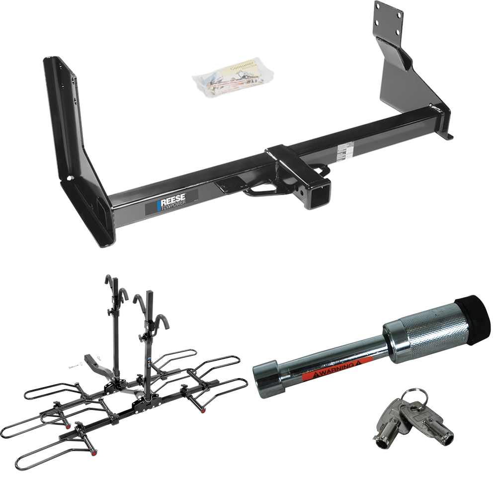 Fits 2007-2018 Mercedes-Benz Sprinter Trailer Hitch Tow PKG w/ 4 Bike Plaform Style Carrier Rack + Hitch Lock (For w/Factory Step Bumper Excluding Models w/30-3/8” Frame Width Models) By Reese Towpower