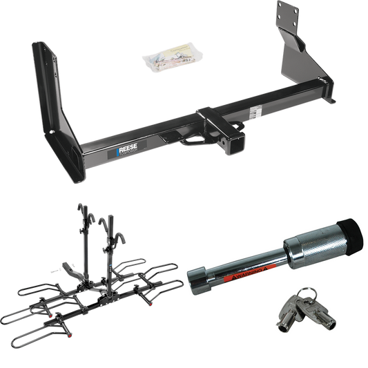 Fits 2007-2018 Mercedes-Benz Sprinter Trailer Hitch Tow PKG w/ 4 Bike Plaform Style Carrier Rack + Hitch Lock (For w/Factory Step Bumper Excluding Models w/30-3/8” Frame Width Models) By Reese Towpower