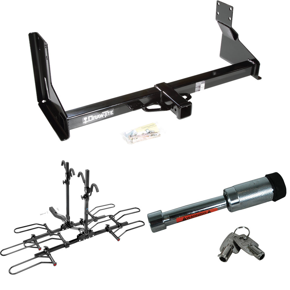 Fits 2007-2018 Mercedes-Benz Sprinter Trailer Hitch Tow PKG w/ 4 Bike Plaform Style Carrier Rack + Hitch Lock (For w/Factory Step Bumper Excluding Models w/30-3/8” Frame Width Models) By Draw-Tite