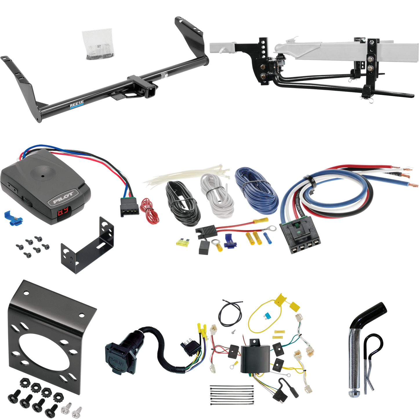 Fits 2015-2020 Toyota Sienna Trailer Hitch Tow PKG w/ 6K Round Bar Weight Distribution Hitch w/ 2-5/16" Ball + Pin/Clip + Pro Series Pilot Brake Control + Generic BC Wiring Adapter + 7-Way RV Wiring (Excludes: SE Models) By Reese Towpower