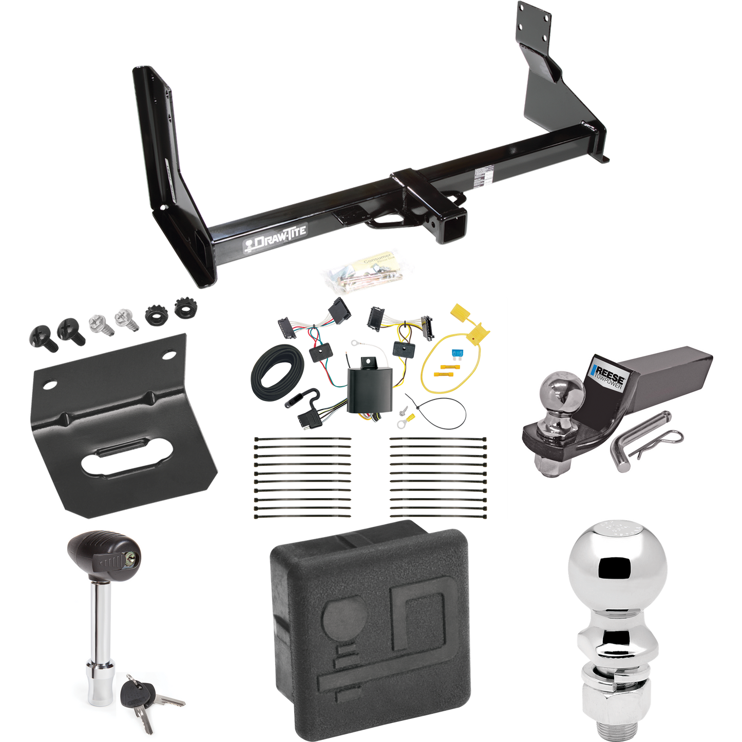 Fits 2007-2013 Freightliner Sprinter 3500 Trailer Hitch Tow PKG w/ 4-Flat Wiring + Starter Kit Ball Mount w/ 2" Drop & 2" Ball + 2-5/16" Ball + Wiring Bracket + Hitch Lock + Hitch Cover (For w/Factory Step Bumper Excluding Models w/30-3/8” Frame Widt