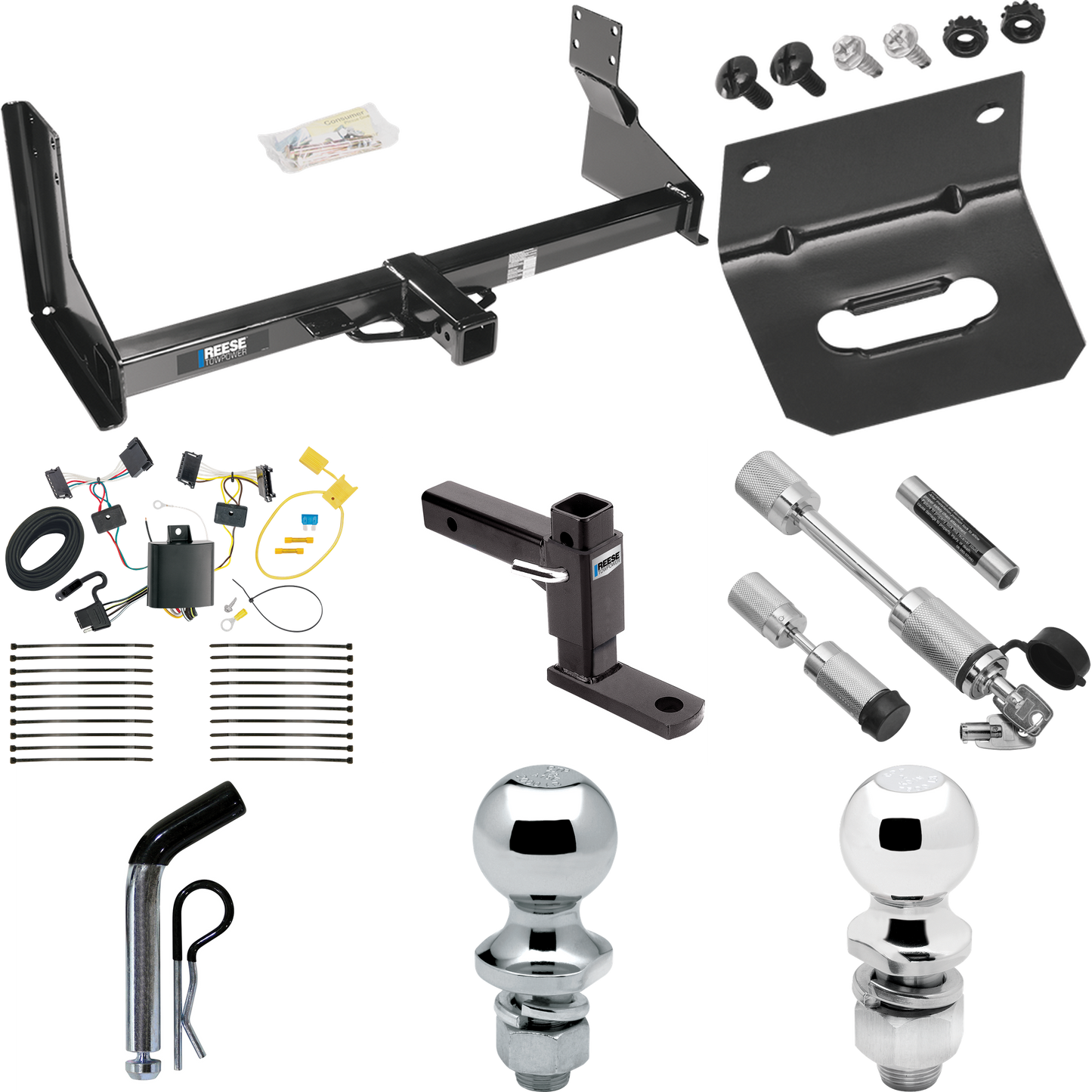 Fits 2007-2013 Mercedes-Benz Sprinter Trailer Hitch Tow PKG w/ 4-Flat Wiring Harness + Adjustable Drop Rise Ball Mount + Pin/Clip + 2" Ball + 1-7/8" Ball + Dual Hitch & Coupler Locks (For w/Factory Step Bumper Excluding Models w/30-3/8” Frame Width M