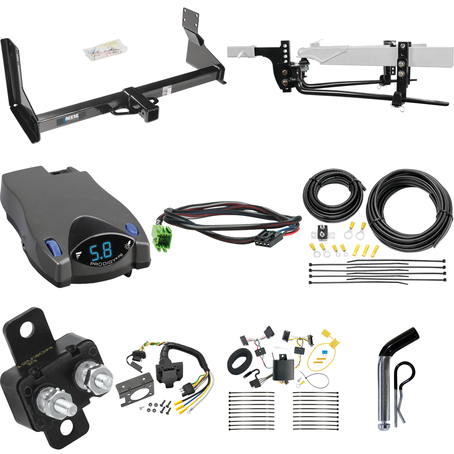 Fits 2007-2013 Freightliner Sprinter 3500 Trailer Hitch Tow PKG w/ 8K Round Bar Weight Distribution Hitch w/ 2-5/16" Ball + Pin/Clip + Tekonsha Prodigy P2 Brake Control + Plug & Play BC Adapter + 7-Way RV Wiring (For w/Factory Step Bumper Excluding M