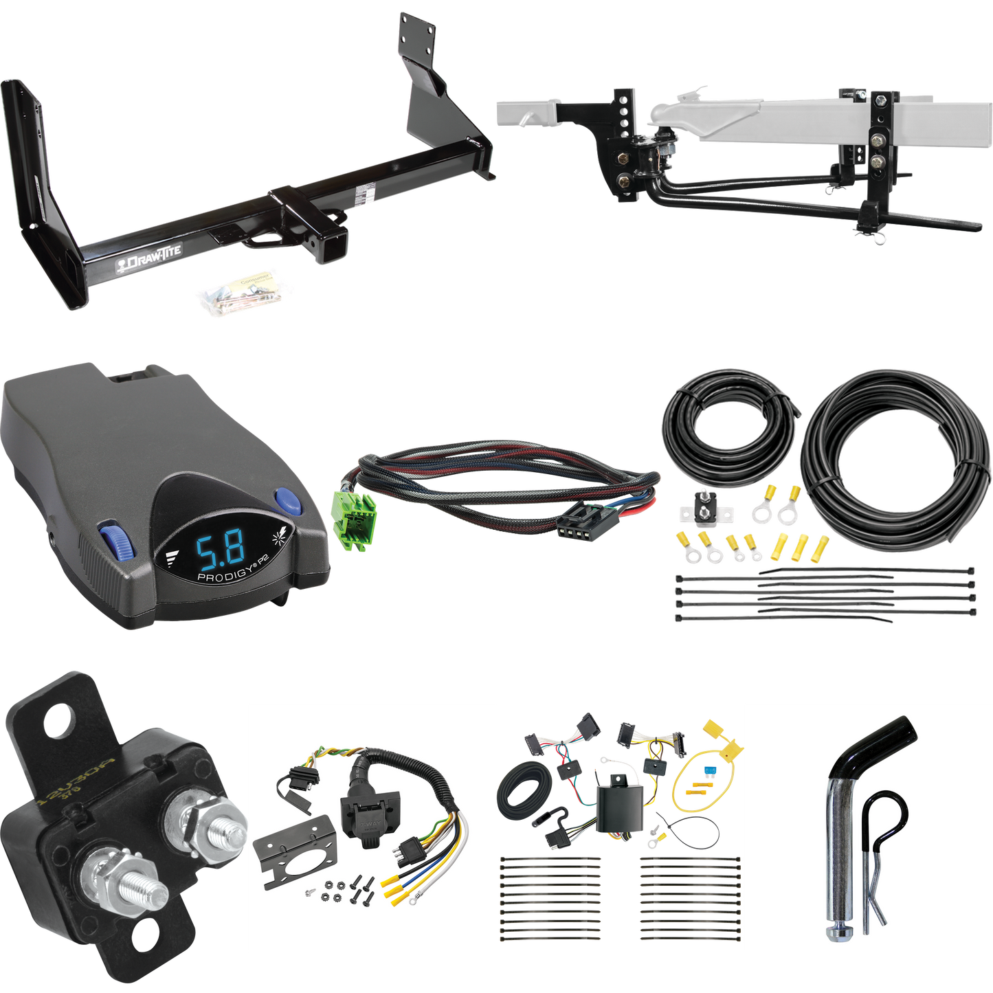 Fits 2007-2013 Freightliner Sprinter 2500 Trailer Hitch Tow PKG w/ 8K Round Bar Weight Distribution Hitch w/ 2-5/16" Ball + Pin/Clip + Tekonsha Prodigy P2 Brake Control + Plug & Play BC Adapter + 7-Way RV Wiring (For w/Factory Step Bumper Excluding M