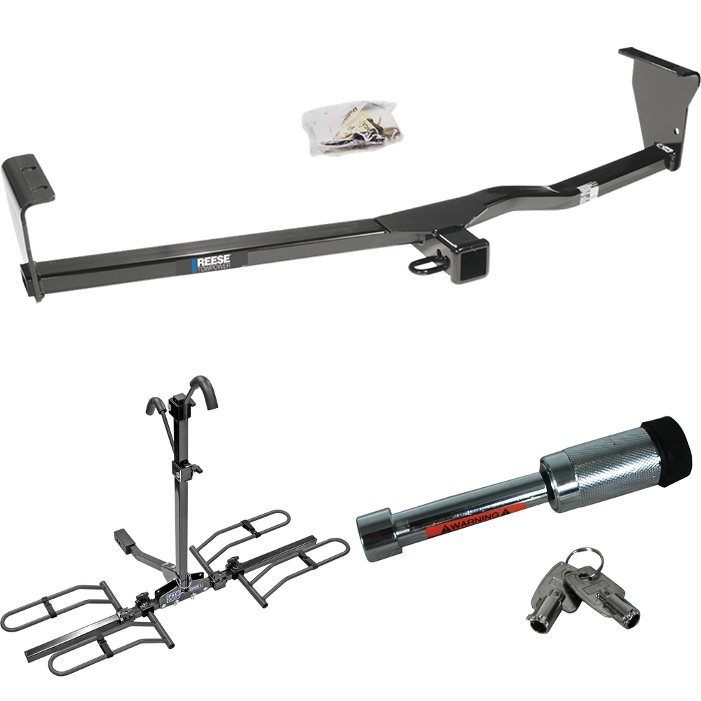 Fits 2010-2012 Hyundai Santa Fe Trailer Hitch Tow PKG w/ 2 Bike Plaform Style Carrier Rack + Hitch Lock (For w/Factory Tow Package Models) By Reese Towpower