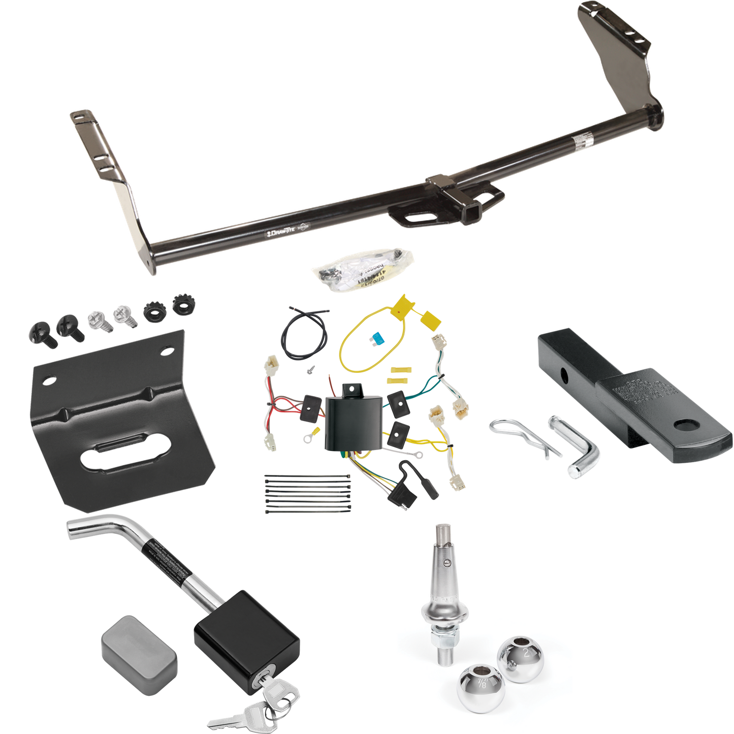 Se adapta al paquete de enganche de remolque Toyota Sienna 2015-2020 con arnés de cableado de 4 planos + barra de tracción + bolas intercambiables de 1-7/8" y 2" + soporte de cableado + bloqueo de enganche (excluye: modelos SE) de Draw-Tite