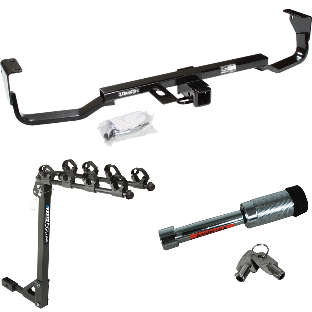 Fits 2007-2009 Hyundai Santa Fe Trailer Hitch Tow PKG w/ 4 Bike Carrier Rack + Hitch Lock By Draw-Tite