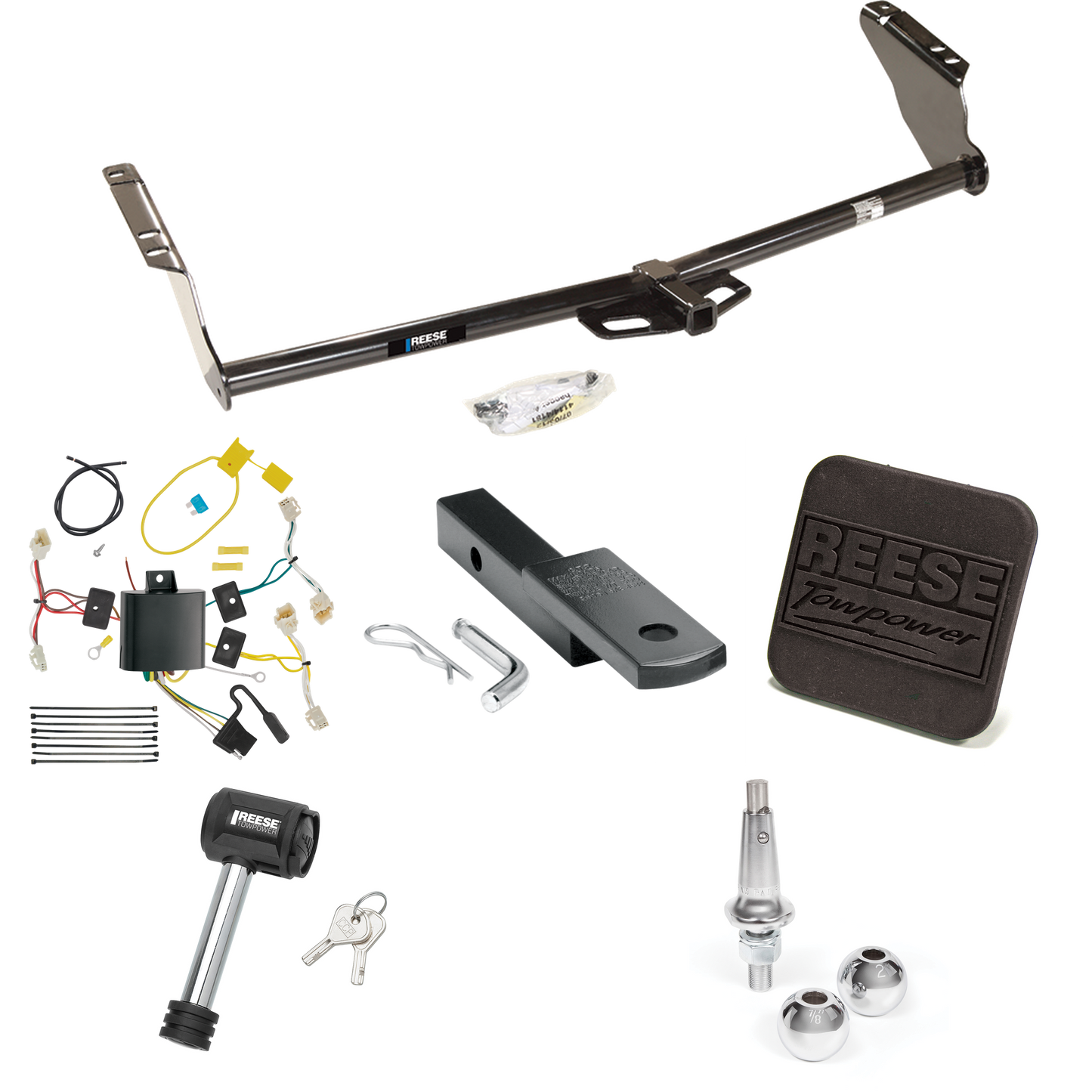 Fits 2015-2020 Toyota Sienna Trailer Hitch Tow PKG w/ 4-Flat Wiring Harness + Draw-Bar + Interchangeable 1-7/8" & 2" Balls + Hitch Cover + Hitch Lock (Excludes: SE Models) By Reese Towpower