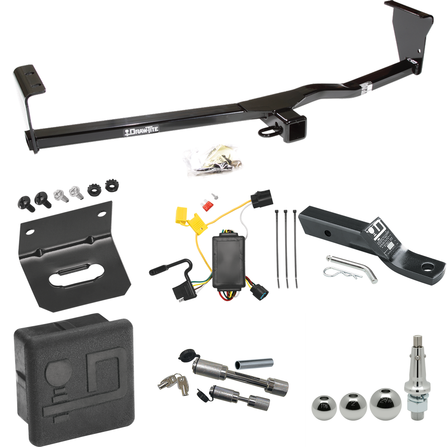 Fits 2010-2012 Hyundai Santa Fe Trailer Hitch Tow PKG w/ 4-Flat Wiring + Ball Mount w/ 2" Drop + Interchangeable Ball 1-7/8" & 2" & 2-5/16" + Wiring Bracket + Dual Hitch & Coupler Locks + Hitch Cover (For w/Factory Tow Package Models) By Draw-Tite