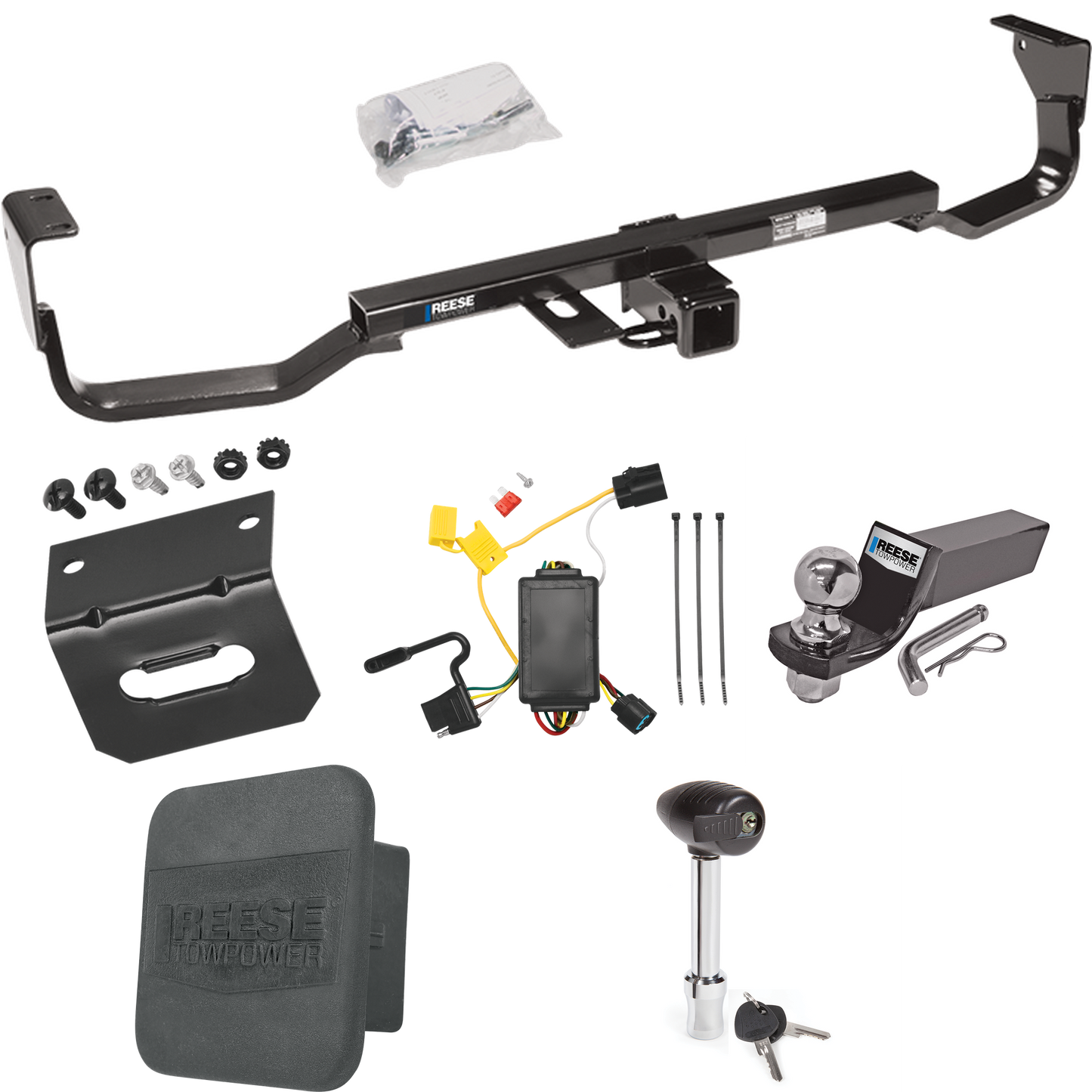 Fits 2007-2009 Hyundai Santa Fe Trailer Hitch Tow PKG w/ 4-Flat Wiring + Starter Kit Ball Mount w/ 2" Drop & 2" Ball + 1-7/8" Ball + Wiring Bracket + Hitch Lock + Hitch Cover (For w/Factory Tow Package Models) By Reese Towpower