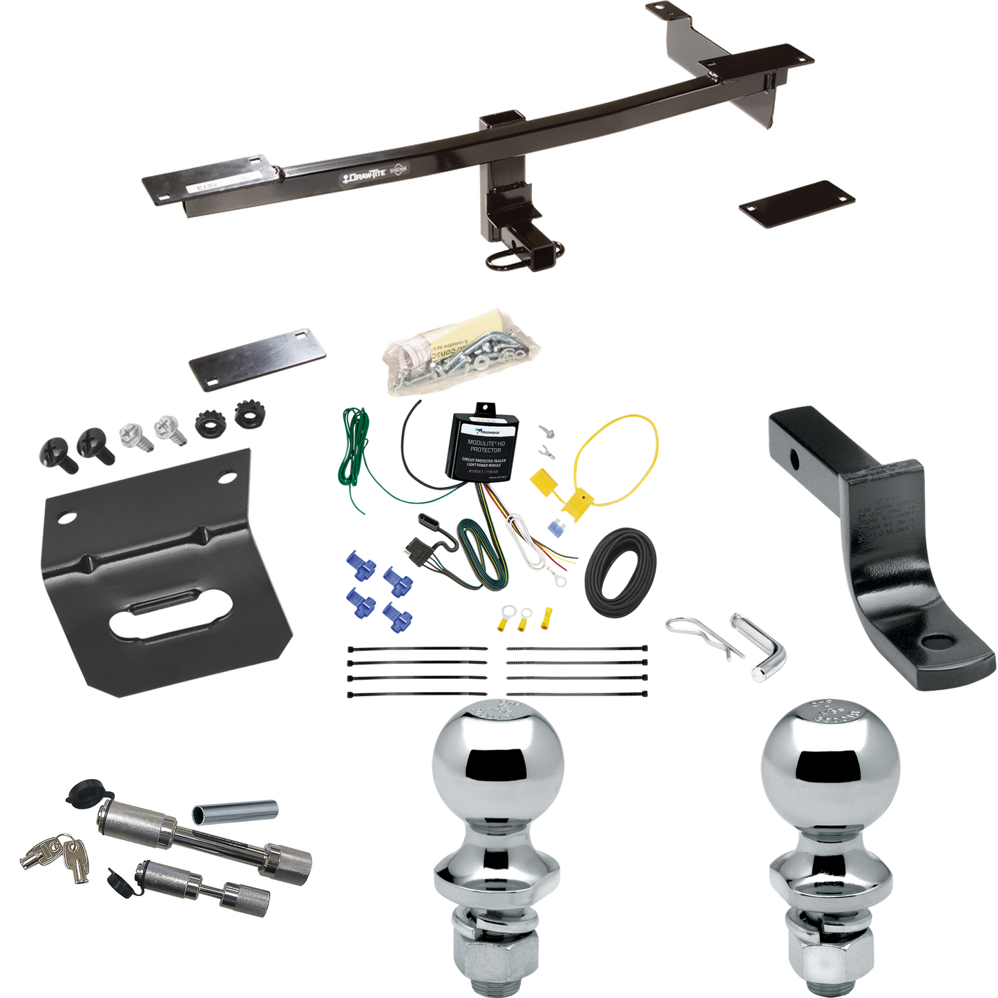 Fits 2012-2019 FIAT 500 Trailer Hitch Tow PKG w/ 4-Flat Wiring Harness + Draw-Bar + 1-7/8" + 2" Ball + Wiring Bracket + Dual Hitch & Coupler Locks (Excludes: Abarth Models) By Draw-Tite