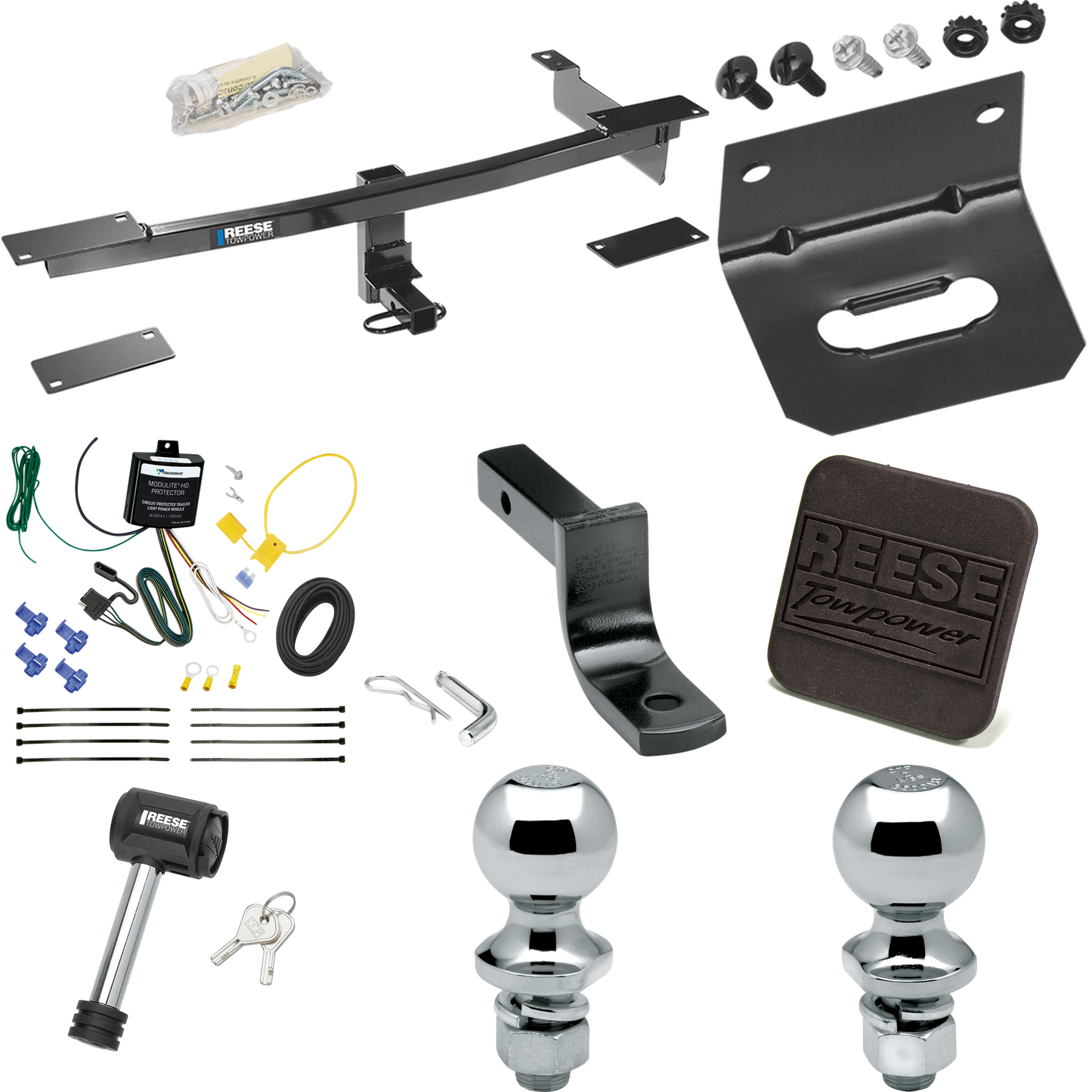 Fits 2012-2019 FIAT 500 Trailer Hitch Tow PKG w/ 4-Flat Wiring Harness + Draw-Bar + 1-7/8" + 2" Ball + Wiring Bracket + Hitch Cover + Hitch Lock (Excludes: Abarth Models) By Reese Towpower