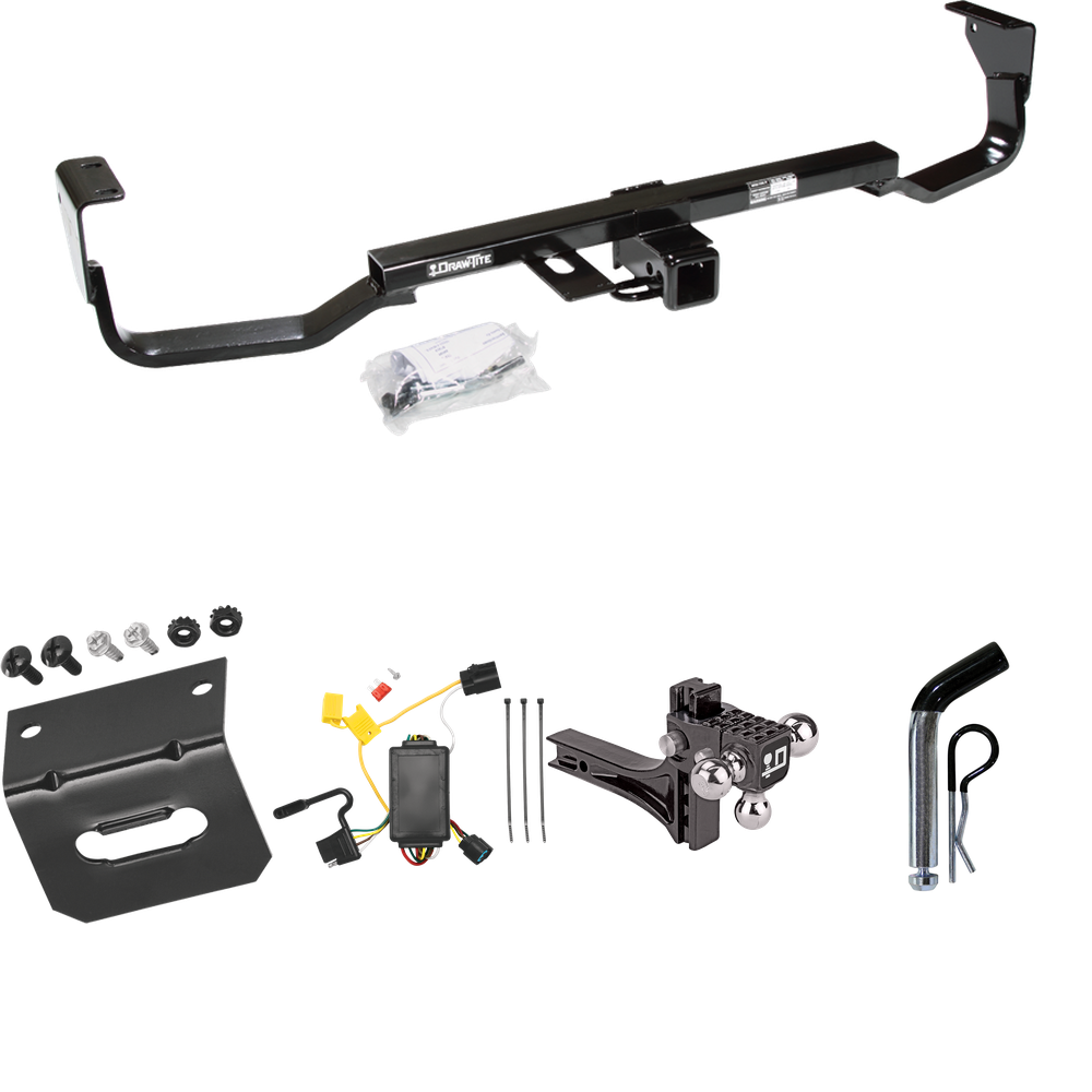 Fits 2007-2009 Hyundai Santa Fe Trailer Hitch Tow PKG w/ 4-Flat Wiring Harness + Adjustable Drop Rise Triple Ball Ball Mount 1-7/8" & 2" & 2-5/16" Trailer Balls + Pin/Clip + Wiring Bracket (For w/Factory Tow Package Models) By Draw-Tite