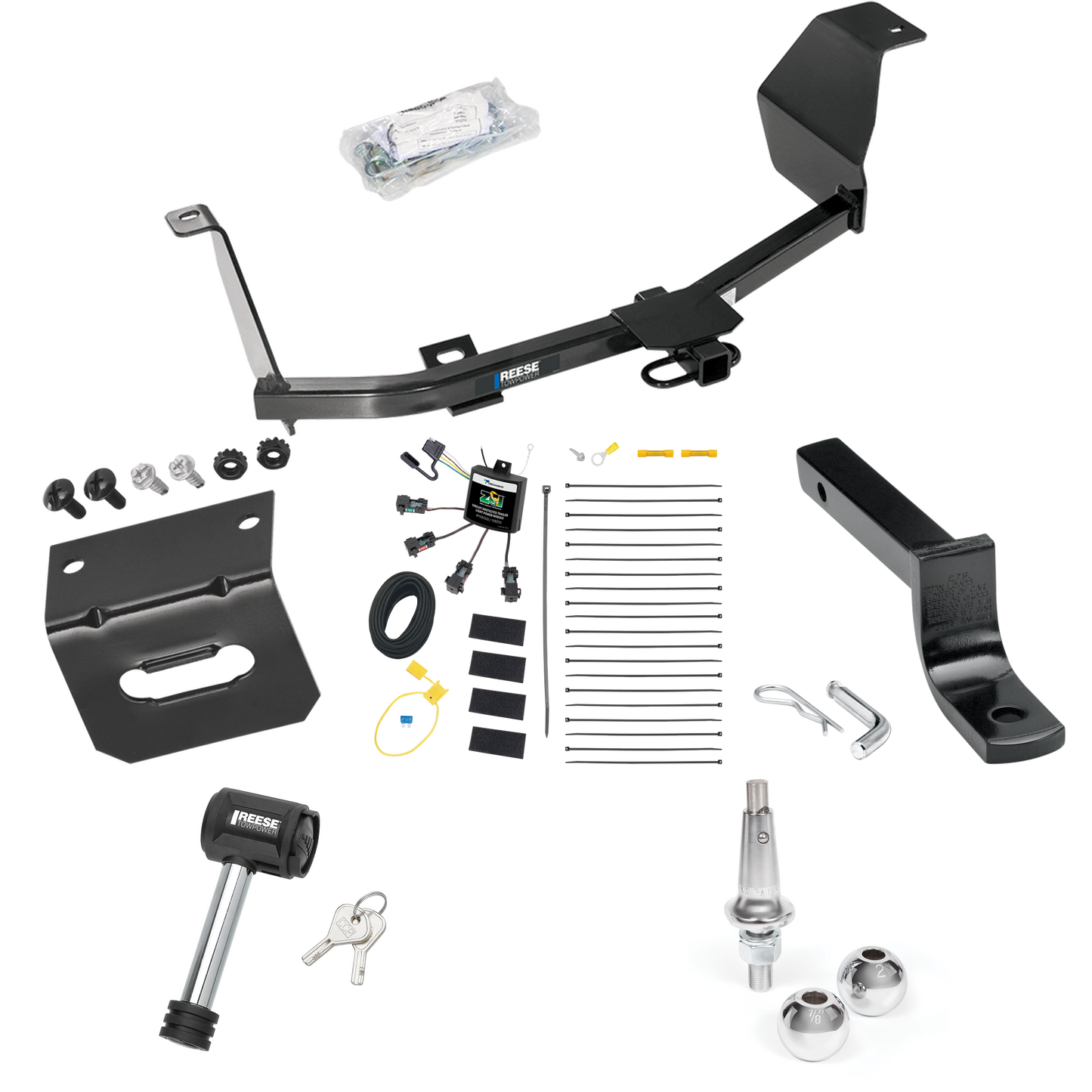 Fits 2012-2021 Nissan Versa Trailer Hitch Tow PKG w/ 4-Flat Zero Contact "No Splice" Wiring Harness + Draw-Bar + Interchangeable 1-7/8" & 2" Balls + Wiring Bracket + Hitch Lock (For Sedan Models) By Reese Towpower