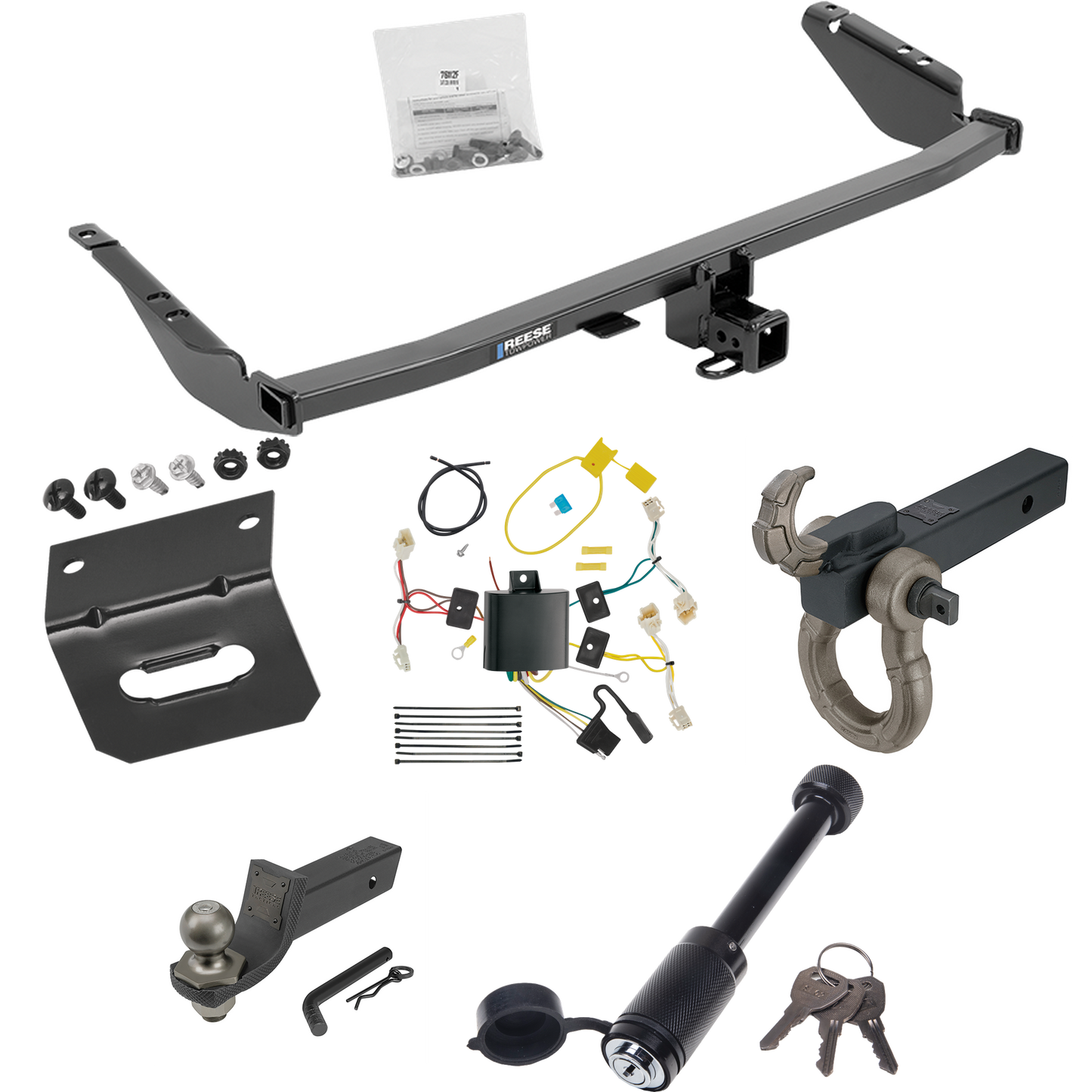 Fits 2015-2020 Toyota Sienna Trailer Hitch Tow PKG w/ 4-Flat Wiring + Interlock Tactical Starter Kit w/ 2" Drop & 2" Ball + Tactical Hook & Shackle Mount + Tactical Dogbone Lock + Wiring Bracket (Excludes: SE Models) By Reese Towpower