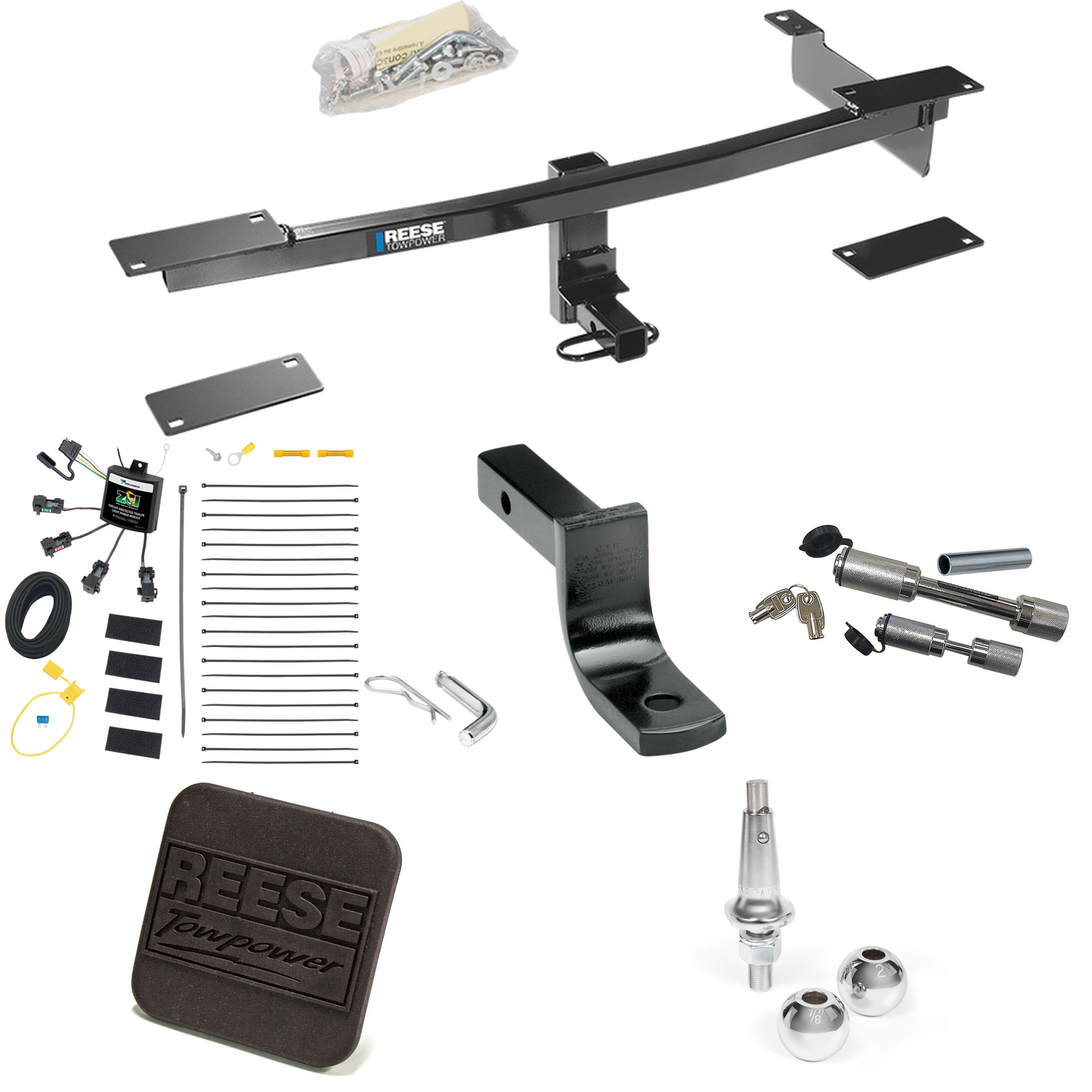 Fits 2012-2019 FIAT 500 Trailer Hitch Tow PKG w/ 4-Flat Zero Contact "No Splice" Wiring Harness + Draw-Bar + Interchangeable 1-7/8" & 2" Balls + Hitch Cover + Dual Hitch & Coupler Locks (Excludes: Abarth Models) By Reese Towpower