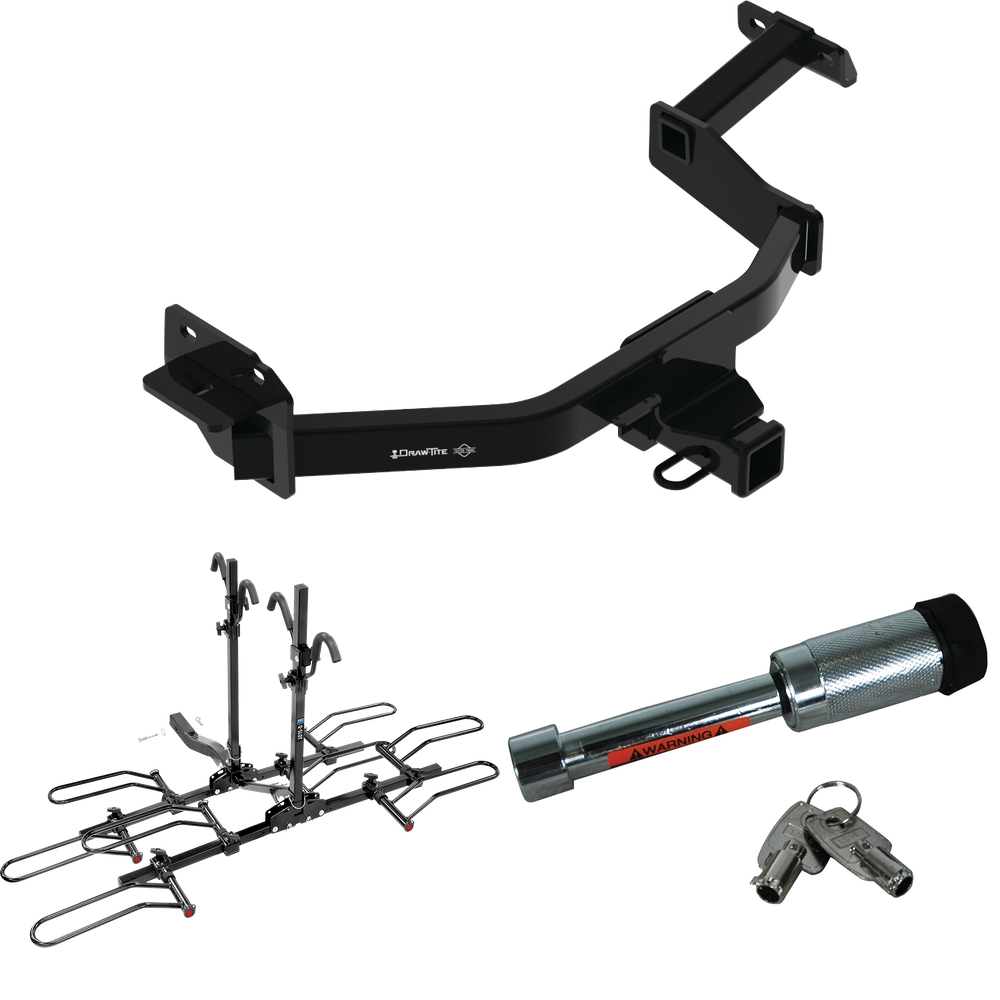 Fits 2021-2023 Hyundai Santa Fe Trailer Hitch Tow PKG w/ 4 Bike Plaform Style Carrier Rack + Hitch Lock By Draw-Tite