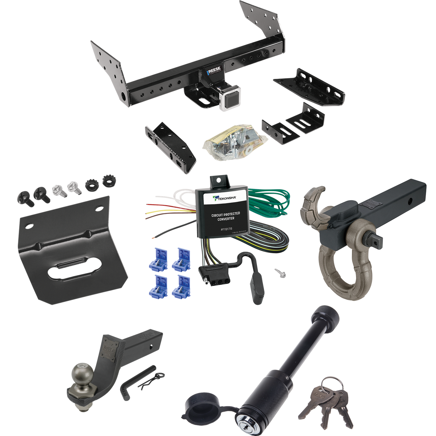 Fits 1984-1996 Jeep Cherokee Trailer Hitch Tow PKG w/ 4-Flat Wiring + Interlock Tactical Starter Kit w/ 3-1/4" Drop & 2" Ball + Tactical Hook & Shackle Mount + Tactical Dogbone Lock + Wiring Bracket By Reese Towpower