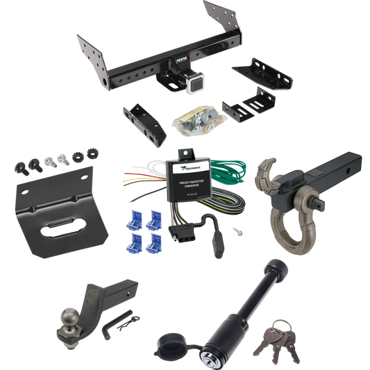 Fits 1984-1996 Jeep Cherokee Trailer Hitch Tow PKG w/ 4-Flat Wiring + Interlock Tactical Starter Kit w/ 3-1/4" Drop & 2" Ball + Tactical Hook & Shackle Mount + Tactical Dogbone Lock + Wiring Bracket By Reese Towpower