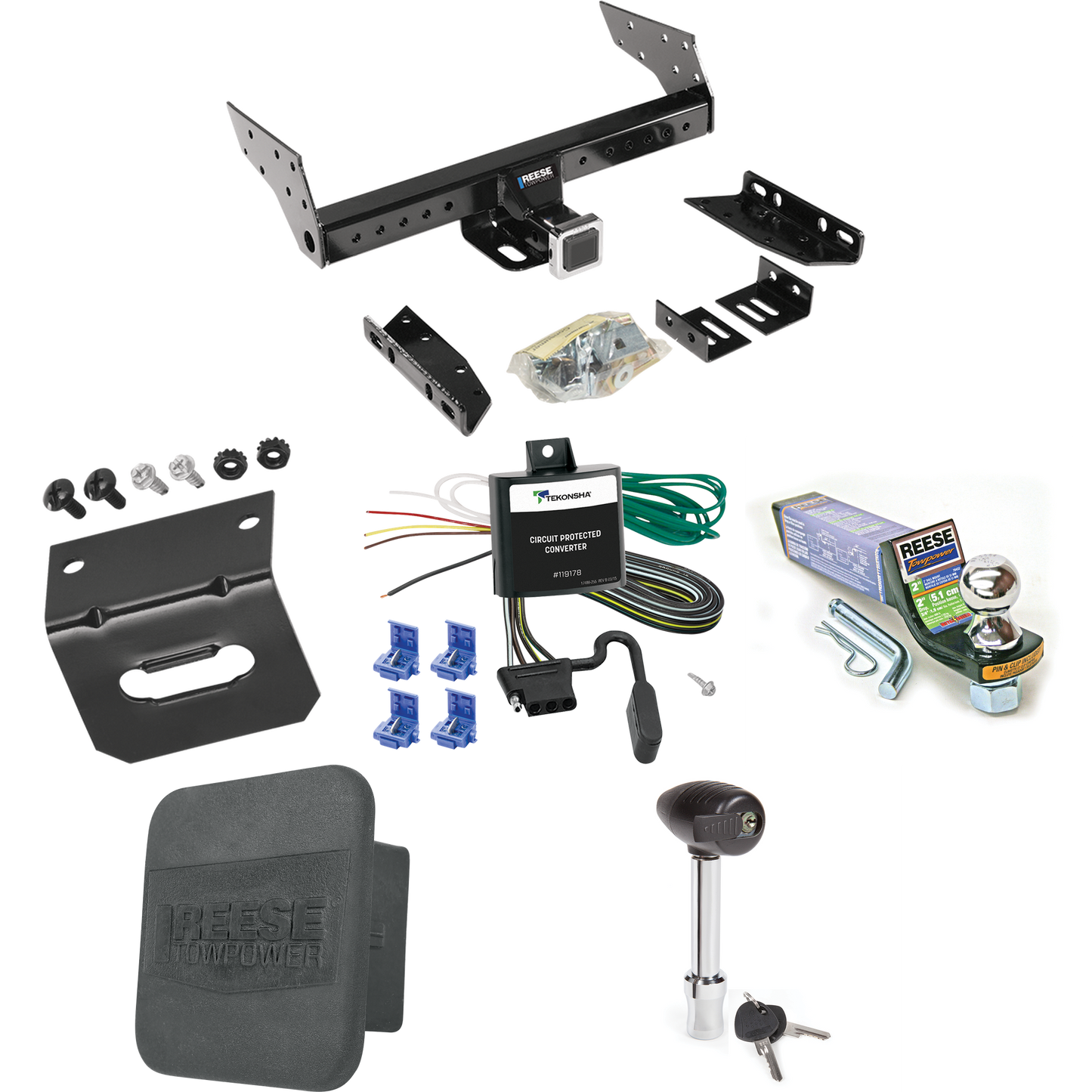 Fits 1990-1993 Mazda B2600 Trailer Hitch Tow PKG w/ 4-Flat Wiring + Starter Kit Ball Mount w/ 2" Drop & 1-7/8" Ball + Wiring Bracket + Hitch Lock + Hitch Cover By Reese Towpower