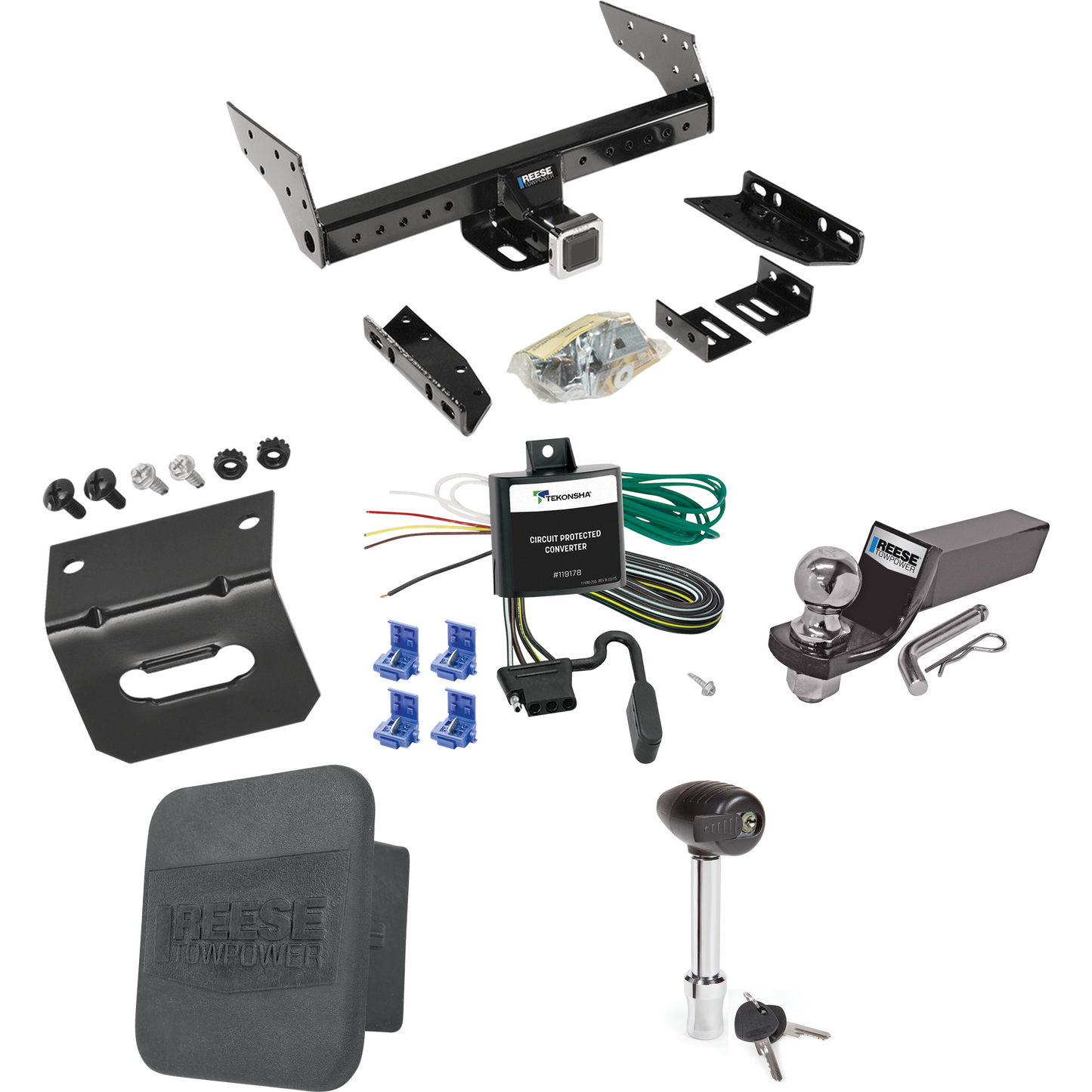 Fits 1986-1987 Nissan D21 Trailer Hitch Tow PKG w/ 4-Flat Wiring + Starter Kit Ball Mount w/ 2" Drop & 2" Ball + 1-7/8" Ball + Wiring Bracket + Hitch Lock + Hitch Cover (For (App. starts 1986-1/2) Models) By Reese Towpower