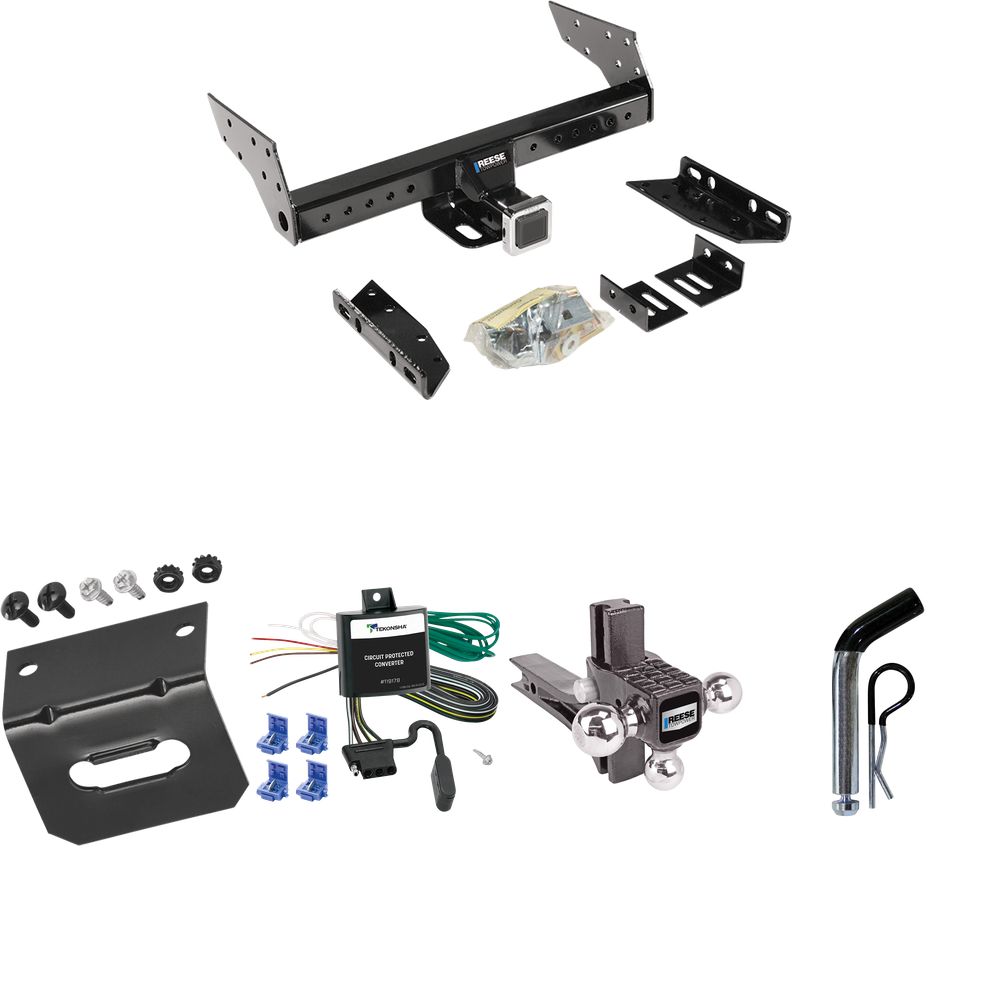 Fits 1990-1993 Mazda B2200 Trailer Hitch Tow PKG w/ 4-Flat Wiring Harness + Adjustable Drop Rise Triple Ball Ball Mount 1-7/8" & 2" & 2-5/16" Trailer Balls + Pin/Clip + Wiring Bracket By Reese Towpower