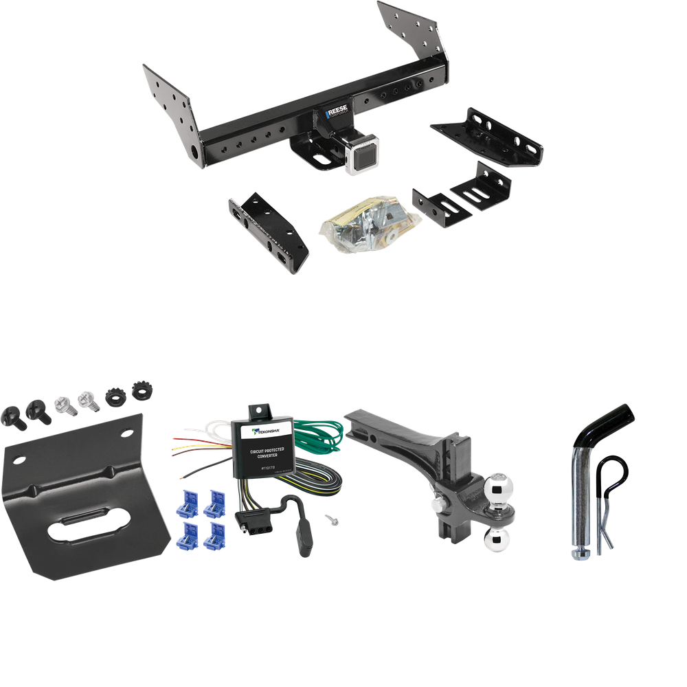 Fits 1986-1987 Nissan D21 Trailer Hitch Tow PKG w/ 4-Flat Wiring Harness + Dual Adjustable Drop Rise Ball Ball Mount 2" & 2-5/16" Trailer Balls + Pin/Clip + Wiring Bracket (For (App. starts 1986-1/2) Models) By Reese Towpower