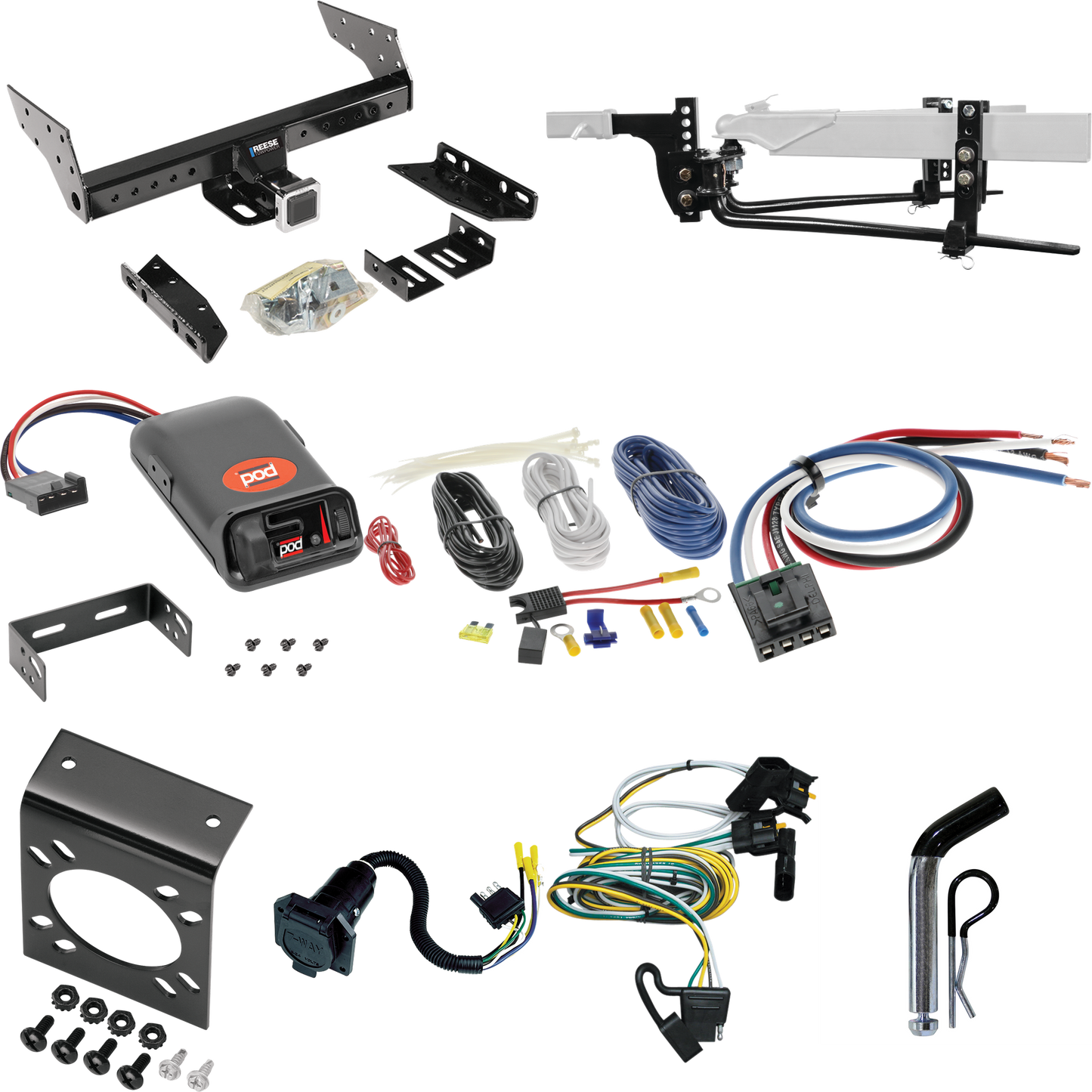 Fits 2000-2003 Ford Ranger Trailer Hitch Tow PKG w/ 6K Round Bar Weight Distribution Hitch w/ 2-5/16" Ball + Pin/Clip + Pro Series POD Brake Control + Generic BC Wiring Adapter + 7-Way RV Wiring (Excludes: Flareside or w/Rear Fascia Models) By Reese